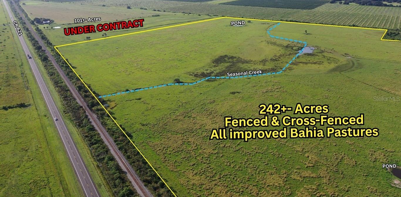 242+-Acre Ranch Lorida Florida Beautiful green bahia pastures fenced and cross fenced with watering ponds, seasonal creek currently leased for cattle with upside potential of multiple unused access road entries could easily be divided into multiple smaller ranches. With Lake Istokopa and the 12 Hours of Sebring/NASCAR Raceway to the west only minutes away and all the growth pushing away from our coastal cities this property has tremendeous upside potential for future development! Proforma metrics: Sod operation at $1,500-$2,200 per acre/ Watermelon farm lease @$250 per acre/ Cattle lease after improving pasture into Hemarthria grass to raise cattle production to 1 cow per two acre after harvesting sod. Hold with highest possible income then when ready to take highest potential profit on sale extend the existing northerly roads into the subject property creating 5-10 acre tracts at $25,000-$30,000 oer acre(Upside Potential) doubling your money/investment!