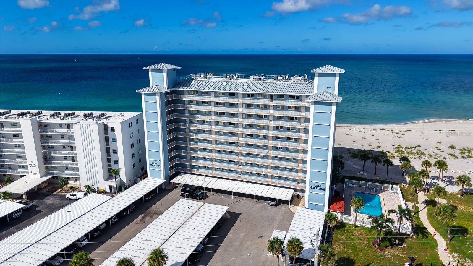 Sweeping views of the Gulf greet you as you enter this 8th floor unit. The enclosed lanai/balcony, the living room and the primary bedroom offers views of spectacular sunsets, day after day  Gulf Horizons is conveniently located close  to historic downtown Venice with shopping, entertainment and restaurants. There is no better location.  In addition to the heated pool and the private beach, there is a clubroom, a laundry room just steps from your door and convenient trash chute. The unit comes with one designated, covered parking spot and 3 month minimum rentals are allowed 4 times a year with no prior years of ownership. In addition, water, sewer and trash removal are included in the condo fee. Waterfront property as stunning as this is becoming a rare commodity. Come see it today, take a walk on the beach, dip your toes in the Gulf and bask in the Florida lifestyle. The pool and some of the common areas are still being remediated from the results of the 2024 hurricanes.