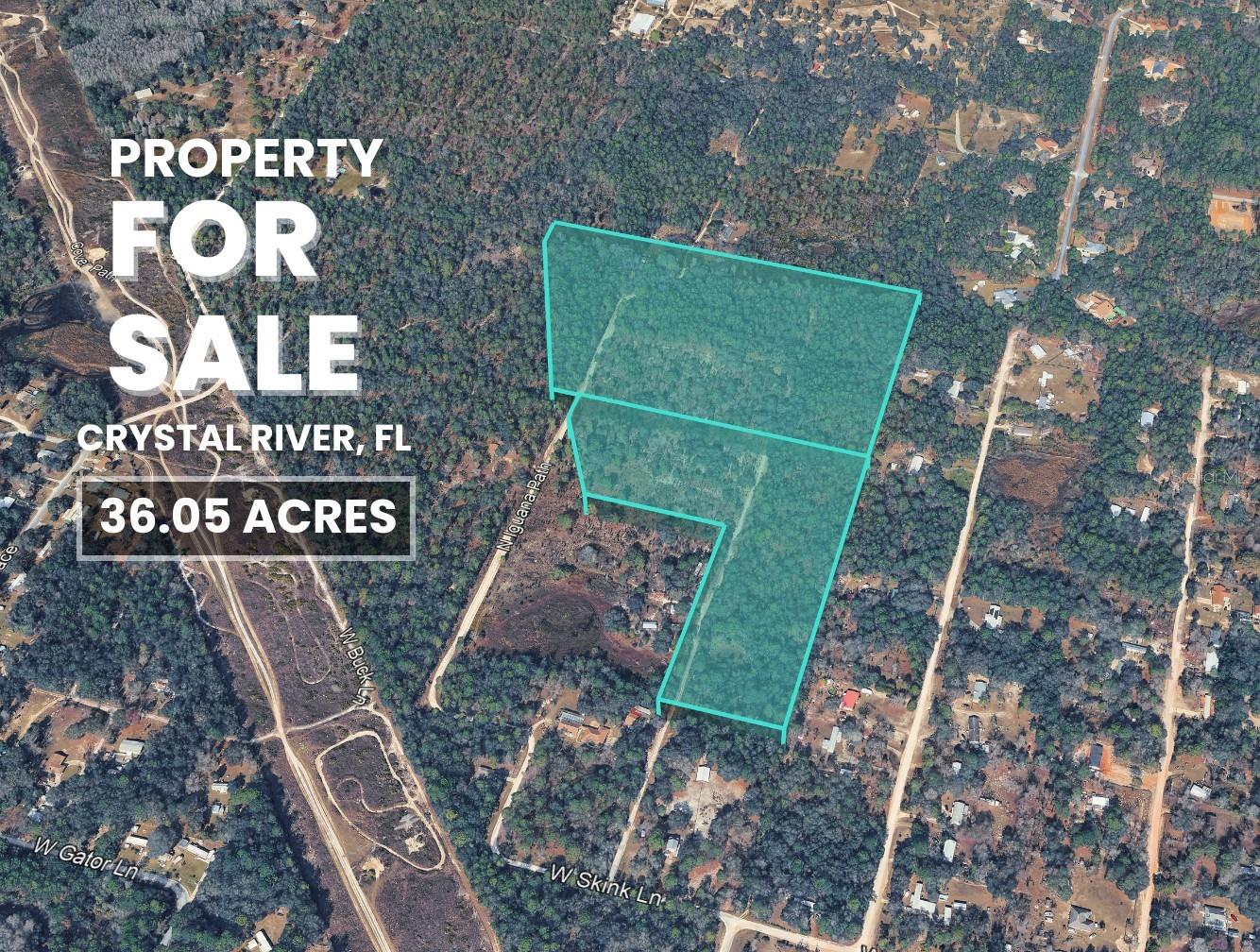 Exceptional opportunity to acquire approximately 36.05 acres in Crystal River, Florida, consisting of Two Adjoining vacant parcels being offered together as a single purchase. Zoned RURMH (Rural Residential Mobile Home District), the property allows Site-built, Mobile, Tiny, Barndominiums, and Manufactured homes, making it ideal for developers, investors, builders, or those seeking a large private estate. No HOA. No CDD. Financing available with as little as 20% down payment for qualified buyers. Access is provided from N Iguana Path, with the property extending eastward toward N Tree Frog Point. The combined acreage offers Substantial development and Subdivision potential based on its size, existing road access, and surrounding residential development patterns. Conveniently located near US Highway 19, the Suncoast Parkway, and State Road 44, providing easy access throughout Central Florida. Approximately 15 minutes from Downtown Crystal River, Three Sisters Springs, and Kings Bay, and a short drive to Fort Island Beach, shopping, dining, healthcare facilities, boating, fishing, and the many outdoor attractions that make Florida's Nature Coast one of Florida's most desirable destinations. Approximately 30 minutes from Ocala, 1 hour from Gainesville, and about 90 minutes from Tampa, offering convenient access to major employment centers, airports, and Gulf Coast attractions. Nearby airports include Tampa International Airport, St. Pete-Clearwater International Airport, and Ocala International Airport. Whether you envision a private Family Compound, Future residential development, a Mobile home community, a Manufactured home community, or a long-term land investment, this 36.05-acre offering presents exceptional possibilities in one of Citrus County's most desirable and rapidly growing areas. Included Parcels: 3476 N Iguana Path, Crystal River, FL 34428 & 3337 N Tree Frog Pt, Crystal River, FL 34428