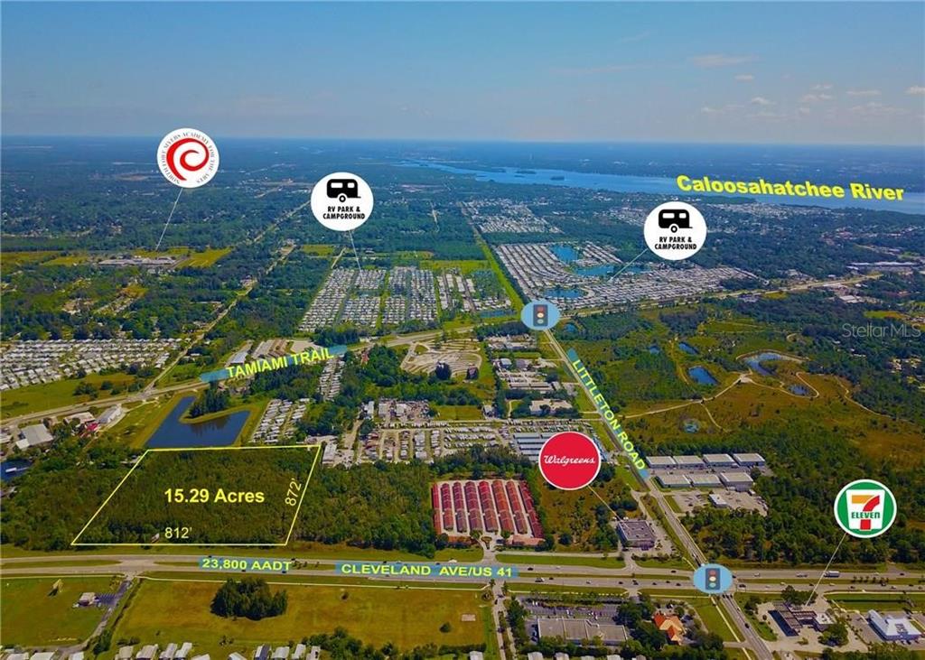 Bring your shovel and your plans-this prime development property consisting of 15.29 acres in North Fort Myers, Florida fronts US Hwy 41/Cleveland Avenue with over 712' of prime Hwy frontage.  The property is currently zoned C-1A along the western 1/3 of the site and C-2 over the remaining 2/3 of the site and is within the North Fort Myers Planning Community. Under the North Fort Myers Planning Community, the is located within the Commercial Corridor (which permits Multi-family development). TDU-programs available for purchase in the area to ensure adequate density for development for the Grater Pine Island TDR Program.  Useable uplands with mitigation provides for a  sufficient density of 10 Units/ac or 296 dwelling units for development.   Located between two intersecting highways, Tamiami Trail and US 41, this is a prime destination for a big-box grocer and retail outlet. Located in close proximity to subject property are 4 large RV/Mobile Home parks and several national companies, including Home Depot and AMC Theaters. This section of Fort Myers is green and in a desirable growth pattern of the Downtown Fort Myers River District. Growing job opportunities are spurring new construction and residences to the area.