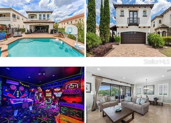 ***CUSTOM HOME**ACTIVE REUNION RESORT MEMBERSHIP** *PRICED BELOW MARKET VALUE FOR QUICK SALE.  OVER 3300 square feet with pristine GOLF COURSE views and nestled in the Highly Desirable Fairway Ridge Portion of Reunion Resort. Don’t settle for anything less than this spectacular custom-built home. You will not find this level of attention to detail and charm in any home of this size. EXTREMLY WELL MAINTAINED WITH NEW THEMED GARAGE MAKE OVER! The pool and outdoor space really stands out for style and size. Respectfully, the pictures do not tell the real story. The home has been energized with brand new paint inside and out. The Zen feeling in the home promotes a truly calm and tranquil feeling. When walking into the home your eyes are instantly drawn down the custom hallway into the large gathering space. The calm color palette is inviting and makes you start realizing there is something different about this home. The first-floor bedroom and that is hidden behind a secret hidden doorway. Once you discover the bedroom, you will want to see more of the home. The custom wood archway flows into a large open floor plan. Custom kitchen wood cabinetry, stainless steel appliances, granite countertops, and an island that should have its own zip code. Tons of seating for a quick bite or enjoying a glass of wine while a private chef entertains. Across from the kitchen behind a glass door there is a separate custom wine closet and storage area outfitted with a custom wine fridge. The living room is arranged with form and function in mind. A large comfortable sitting area with perfectly picked out furniture lets you know that not a detail was missed. The first-floor windows are also nicely accented with plantation shutters. After the inside of the property captures you, make your way outside through the oversized sliding glass door to the pool area. A covered lanai that is the width of the home shades you from the Florida rays. The pool and hot tub overlook the Nicklaus golf course and is the perfect place for some private swimming and lounging. The second floor is introduced to you by a wooden staircase and then you are greeted by a large loft area. The Master has a large walk-in closet and large master bath. There is also an oversized shower area. The back of the home also features a private master bedroom balcony which is the perfect escape for a early morning coffee. Reunion has it all! Three Signature Golf Courses- The Watson, The Palmer and The Nicklaus weave their way through the rolling landscape of the resort. The Tree lined streets make for great long walks or bike rides. Reunion boasts great dining options from a ROOF TOP TAPAS RESTURANT AND BAR, to THE CHOP HOUSE. Maybe its sushi in the lobby or a trip to a Reunion Hot Spot- THE NICKLAUS CLUBHOUSE. A Golf Cart Friendly community that is filled with activities for all, including Tennis, Putt-Putt, Pickle Ball, Member Events, Parties and a waterpark. If living or visiting Reunion, remember it is super close to theme-parks, shopping, and beaches. A Gated Community that works hard on staying the nicest in the area. This property is in a short-term rental program- which can really help it make sense when you not using it. The home will come fully furnished. Schedule a viewing today. It is in a STR program and does come with an ***ACTIVE REUNION RESORT MEMBERSHIP*** RENTAL INFORMATION AVAILABLE UPON REQUEST