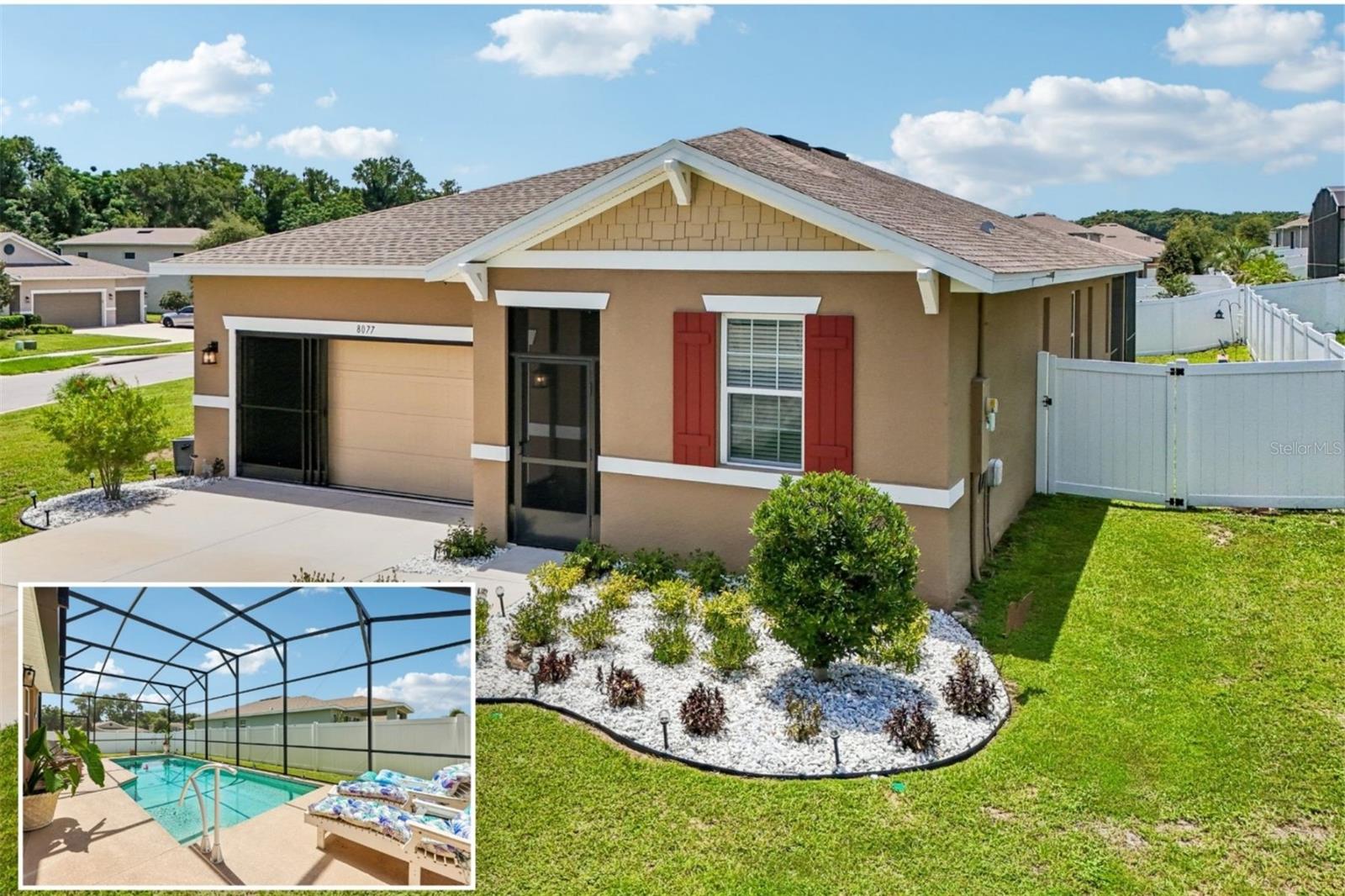 Skip the wait for new construction and move right into a home that's already been thoughtfully upgraded! Built in 2022 and enhanced with a 2023 heated saltwater pool, this beautifully maintained 3-bedroom, 2-bathroom home with a dedicated office nook sits on an oversized .28-acre corner lot with a fully fenced backyard. Combining modern finishes, an open design, outdoor living, low HOA fees, and no CDD, this move-in-ready home offers the Florida lifestyle you've been searching for.
From the moment you arrive, the attractive curb appeal, screened front entry, and beautifully landscaped yard create a warm welcome. Inside, natural light fills the open-concept floor plan where elegant tile flooring flows throughout the main living areas. The spacious living room, dining room, and kitchen come together seamlessly, creating the perfect gathering space for everyday living and entertaining.
Designed to impress, the kitchen features quartz countertops, stylish gray shaker cabinetry, stainless steel appliances, a large center island, and an oversized pantry.
The thoughtfully designed split-bedroom floor plan provides privacy for everyone. The built-in desk area creates a convenient workspace for working from home or helping with homework while staying connected. The spacious primary suite serves as a relaxing retreat with a generous walk-in closet and an ensuite bath featuring dual quartz vanities and a beautifully tiled shower. Two additional bedrooms and a full guest bath are situated on the opposite side of the home, making the layout ideal for family or visiting guests.
Step outside and discover what truly makes this home special. Completed in 2023, the heated saltwater pool with screened enclosure extends your living space outdoors, creating the perfect setting for relaxing, entertaining, or enjoying Florida's year-round sunshine. The covered lanai offers the ideal spot to enjoy your morning coffee or unwind in the evening, while the fully fenced backyard provides plenty of room for pets and play. 
Additional highlights include a whole-house water softener system, a spacious indoor laundry room, ceiling fans throughout, a two-car garage, modern neutral finishes, and a home that feels practically brand new without the wait or additional expense of building.
Perfectly located in Leesburg, you'll enjoy the best of Central Florida living. Everyday conveniences including shopping, restaurants, healthcare, and golf courses are just minutes away, while the charming downtown districts of Leesburg, Mount Dora, and nearby small towns offer waterfront parks, local boutiques, festivals, farmers markets, and some of Florida's most beloved hometown charm. Spend the day exploring the lakes, take a short drive to The Villages or Clermont, or head east to Orlando's world-famous theme parks. Florida's beautiful Atlantic and Gulf Coast beaches are also within an easy drive, making weekend getaways simple and convenient.
Why wait months for new construction when this 2022 home already includes the upgrades buyers want most—a heated saltwater pool with screened enclosure, a whole-house water softener system, and a fully fenced oversized corner lot? With an open and functional floor plan, modern finishes, low HOA fees, no CDD, and an outstanding location, this home is ready for you to move in and start enjoying everything Florida living has to offer.