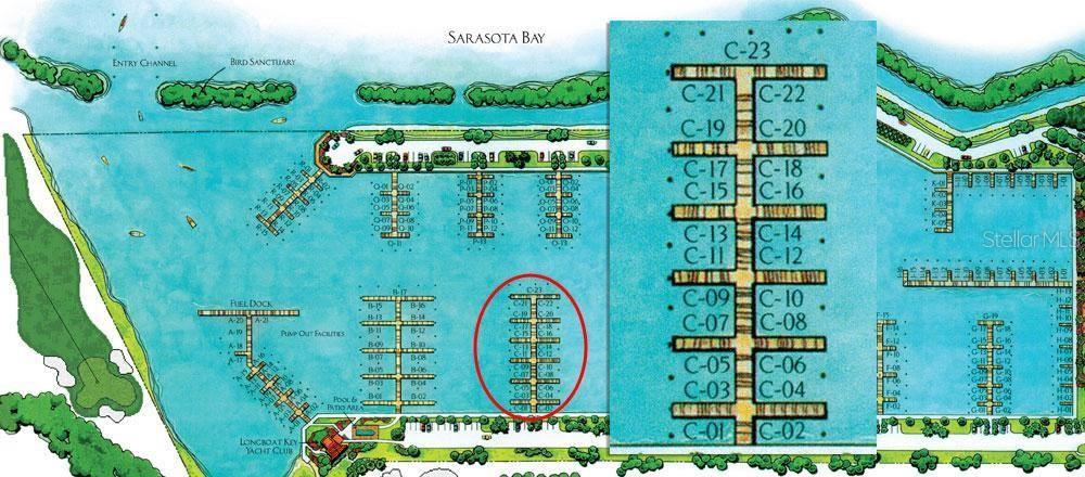Unique with a 42 ft long finger pier and is nicely protected on the west bank at Longboat Key Club Moorings from this 55 ft x 21 ft. slip in the marina. Enjoy all the amenities of the private Longboat Key Club as a Club Member. Direct access to Sarasota Bay and the ICW. The deep water marina is as much a luxury resort as any other neighborhood on the island, thanks to individual slip ownership, a Mediterranean-style village that includes restaurants, shopping (close to Publix, CVS, and other specialty shops), recreational and social activities, and discreet, on-site maintenance and concierge services. Electric, water and wireless internet access at each slip. Free shuttle to St. Armand's Circle. The Marina has everything a boater could need. Yacht Club members have access to private Yacht Club facility which includes private clubhouse with TV, conference table, exquisite comfortable furnishings just for relaxing. Exterior amenities include private pool, grills, outside tables, teak chase lounges, and fabulous bathhouse. Other amenities include dining at the Key Club's unique restaurants, Islandside and Harbourside golf courses, tennis courts and beach facilities, Fitness Centre, Mind and Motion Studio, and Spa. Longboat Key Moorings is truly a World Class facility. Buyer is required to join the Longboat Key Club via recreational covenant.  Longest boat permitted in the slip is 50 feet.  Beam depends on the make/model of the vessel. Must submit a current photo of the vessel in the marina office for approval by the Association before  entering the marina and occupying the slip.