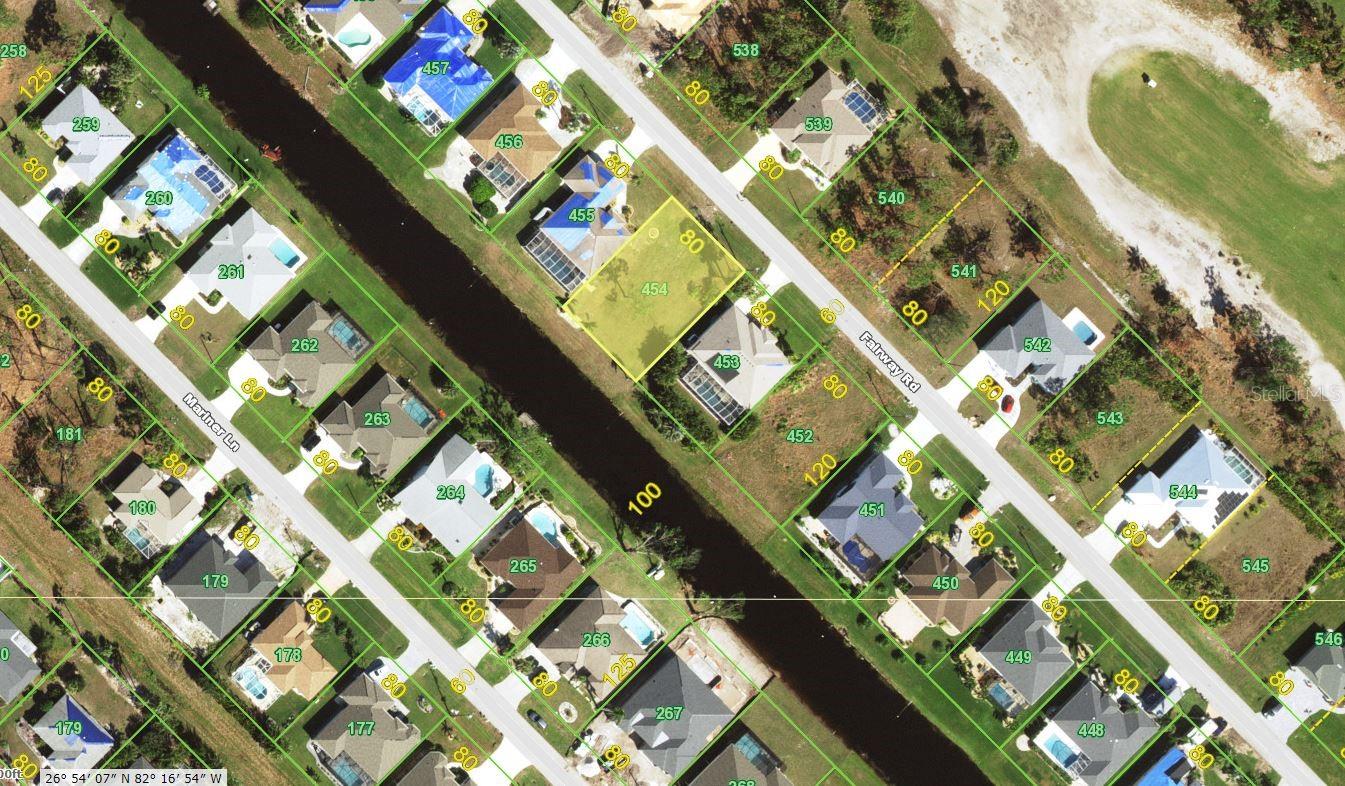 GREAT PRICE on this CLEARED CANALFRONT LOT! Desirable southwest rear exposure is perfect for a pool!  Lot has central water and sewer availability, and is not in a designated scrub jay habitat but please reconfirm during due diligence. BEST OF ALL, LOT IS NOT IN A DESIGNATED FLOOD ZONE so your lender will not require flood insurance when you build.  Located in a deed restricted GOLF COURSE community, with 5 neighborhood golf courses close by! Annual fee of only $190/yr.! Close to everything you might want - beautiful sandy beaches, cute little shops, weekly Farmer's Market, & both bay and gulf fishing and boating! Major airports of Ft Myers, Sarasota, Tampa, and regional Punta Gorda are all within a reasonable drive distance. Check this one out!