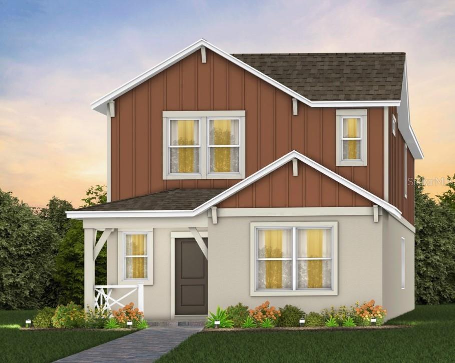 Under Construction. The seeds have been planted! Welcome to Orlando's first agrihood, cultivating an authentic farm and garden community. This mixed-use development will feature unique home designs with vintage farmhouse style throughout a patchwork of gardens, preserves, and nature trails. Leave the crop cultivating to the professionals while you take advantage of the bounty in your own back yard! 
Introducing the Caden bungalow, a brand-new home that combines modern design and ultimate comfort. Featuring our Farmhouse exterior, this home includes a charming front porch, 5 spacious bedrooms, 3 full bathrooms, a loft, and a 2-car rear-load attached garage. The heart of the home is the open-concept kitchen, café, and gathering room, all bathed in natural light. This inviting space is perfect for both everyday living and entertaining. The kitchen boasts a large center island, a convenient storage pantry, and top-of-the-line Whirlpool stainless steel appliances—including a refrigerator. Elkins white cabinets, a decorative tile backsplash, and Blanco Maple quartz countertops complete the sophisticated look. For added convenience, the first floor includes a secondary bedroom and full bathroom. Upstairs, you’ll find the private owner’s suite and bathroom, three additional bedrooms, another full bathroom, loft, linen closet, and the laundry room. The owner’s suite is a true retreat, featuring a walk-in closet and a luxurious en suite bathroom with a heavy glass-enclosed shower, quartz-topped dual vanity, and private water closet. Throughout the first floor living spaces enjoy the beauty of wood-look luxury vinyl plank and the convenience of tile in the bathrooms and laundry room. Plush, stain-resistant Shaw brand carpet covers the stairs, loft, and bedrooms, adding comfort and style. Smart home features include a smart thermostat, a video doorbell, and additional LED downlights—ensuring your home is as connected as it is stunning. This new construction home perfectly blends luxury, convenience, and modern design, making it the ideal place to live and unwind.