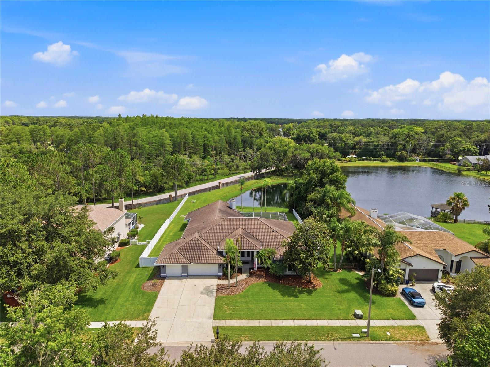 This beautifully updated 5-bedroom, 3.5-bathroom Van Dyke Farms pool home with a 3-car garage offers luxury, privacy, and modern efficiency in one exceptional property. Nestled on a premium homesite overlooking a tranquil pond with no rear neighbors, this home delivers a peaceful, private backyard retreat with picturesque water views and a thoughtfully crafted split-bedroom floor plan that balances togetherness with privacy. The well appointed kitchen is designed to impress even the most discerning chef. Quartz countertops provide abundant preparation space, while a full suite of stainless steel appliances, including a double wall oven, a range cooktop with stainless steel hood, and a brand new dishwasher, elevate form and function. Touch kitchen faucet adds modern convenience, and a stunning breakfast bar finished with stone at its base seats six to eight guests, perfect for casual meals or entertaining. The kitchen flows seamlessly into the main living areas, ideal for everyday living and hosting alike. The primary suite is a true sanctuary with a spa-inspired en suite bath featuring a jetted soaking tub, a large walk-in shower built for two, a private water closet, and a dedicated on-demand water heater for endless hot water. Quartz countertops and elegant finishes complete the en suite, alongside a generously sized walk-in closet. A pocket door creates a private wing with two secondary bedrooms and a full bathroom, perfect for guests or multi-generational living. The fourth bedroom sits adjacent to another full bathroom, while a half bathroom off the main living area serves guests with ease. The fifth bedroom, currently a dedicated office with custom built-in shelving, is equally suited as an additional bedroom. The expansive great room is the centerpiece of the home, anchored by a wood burning fireplace and framed by breathtaking pond views. Your fully equipped laundry room has a large countertop for folding, an upscale basin, storage closet, upper storage cabinet and is finished with beautiful personal tile work. Premium upgrades throughout blend style, security, and sustainability. All double pane windows are new, providing superior energy efficiency, noise reduction, and storm protection, complemented by updated doors. A durable metal roof, paid in full solar panels, and a 3-car garage with an electric vehicle charging station ensure long-term value and modern convenience. The screened-in pool and spa is complete with an electric heater and variable pool pump, for year-round enjoyment. Your covered outdoor kitchen, featuring a brand new grill and stainless steel hood, delivers an exceptional alfresco dining experience overlooking your private pond, where no rear neighbors provide rare seclusion and tranquility. Van Dyke Farms offers an unmatched array of amenities including professional tennis courts, dedicated pickleball courts, a racquetball court, a basketball court, and a welcoming clubhouse. Lovely park, scenic walking trails, a community gazebo, play area with benches, and outdoor exercise stations along the walking path round out an active and connected lifestyle. Fishing enthusiasts will love the community's serene ponds. Zoned for Hammond Elementary School, Martinez Middle School, and Steinbrenner High School, all recognized for strong academic performance. Easy access via the Veteran's Expressway to Tampa International Airport, Downtown Tampa and Gulf Coast destinations including Clearwater Beach and St. Pete Beach.
