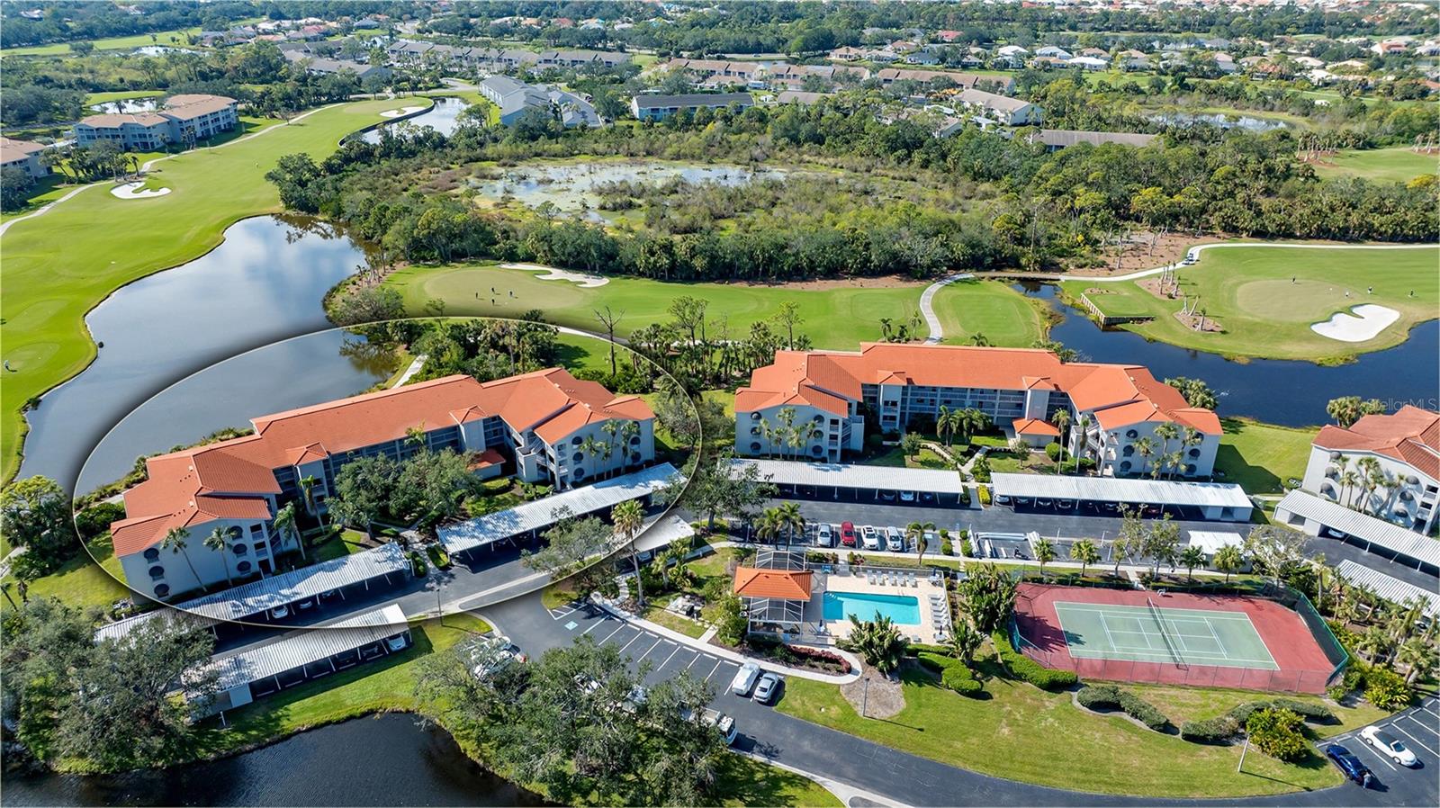 lovely and updated, turn-key furnished condominium with excellent third fairway and lake views. It's your ideal Sarasota getaway! Upgraded luxury vinyl flooring throughout the living spaces and tile floors in the kitchen and baths, neutral décor and paint throughout and plantation shutters. Updated kitchen with quartz counters, recently updated AC. Covered parking and storage space. Suitable for a vacation rental property or personal winter residence.  Stoneybrook of Sarasota. a premier member-owned country club. is only a short distance from Siesta Key and offers easy access to shopping and borders the Legacy Trail. Ownership in Stoneybrook Golf and Country Club includes a completely updated 18-hole golf course in 2024 and fully paid for by the owner, clubhouse and restaurant, Har-Tru tennis facility, well-equipped fitness center and additional club pool and spa.  Nestled between Downtown Sarasota and Downtown Venice.