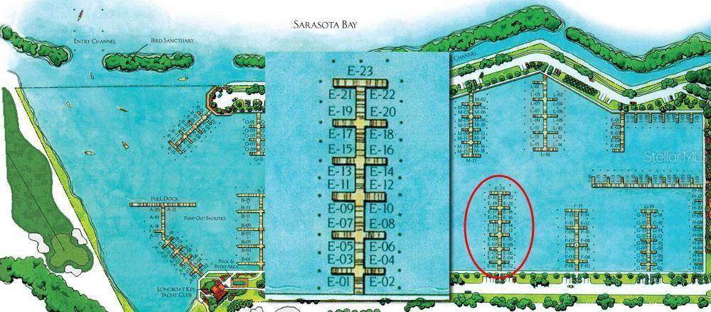 Spacious E-dock! Slip E-12, a 60 ft x 21 ft. slip in the marina. Plenty of deep water and cool breezes. LBKC Membership is required.  A 60 ft. x 21 ft. Boat Slip at Longboat Key Moorings Marina. This is a Yacht Club slip; purchase of the slip requires purchase of membership in the Longboat Key Club. Direct access to Sarasota Bay and the ICW. The deep water marina is as much a luxury resort as any other neighborhood on the island, thanks to individual slip ownership, a Mediterranean-style village that includes restaurants, shopping (close to Publix, CVS, and other specialty shops), recreational and social activities, on-site maintenance and concierge services. Electric, water and wireless internet access at each slip. Free shuttle to St. Armand's Circle. The Marina has everything a boater could need. Yacht Club members have access to private Yacht Club facility which includes private clubhouse with TV, conference table, comfortable furnishings just for relaxing. Exterior amenities include private pool, grills, outside tables, chase lounges, and convenient bathhouse. Other amenities include dining at the Key Club's unique restaurants, Islandside and Harbourside golf courses, tennis courts and beach facilities, Fitness Centre, Mind and Motion Studio, and Spa. Longboat Key Moorings is truly a World Class facility. All vessels must be approved prior to closing by the Association. A current photo must be submitted. Max length of vessel allowed is 55 LOA, usable beam is 19 ft at the head of the slip. Each vessel must be approved by the Association's Board of Directors prior to entering the Marina. The longest vessel permitted in the slip is 55 LOA; beam depends on the vessel. Call to discuss!