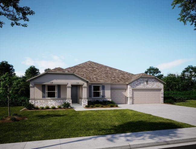 Under Construction. Set within the gated lake community of Garden City, this newly established neighborhood showcases scenic water views, a peaceful rural setting, and a refined collection of thoughtfully designed homes. Located just 15 minutes from Clermont, the community blends quiet surroundings with access to shopping, dining, entertainment, and everyday conveniences, all framed by a serene natural backdrop that highlights lakefront living.
This exceptional residence features an upgraded exterior package with a metal roof, stone-accented exterior, and a paver driveway with matching entry pavers that elevate curb appeal. A striking 8-foot full-lite front door opens to a grand interior defined by 9’4” ceilings, tray ceiling accents, crown molding, a deluxe interior trim package, and upgraded lever door hardware, creating a cohesive and refined design throughout.
Inside, porcelain tile flooring flows through the main living areas, combining durability with a clean, modern look, while upgraded carpet and pad in the bedrooms add comfort where it matters most.
At the center of the home, the open-concept layout showcases a chef-inspired kitchen with quartz countertops throughout, soft-close cabinetry, stainless steel appliances, and an oversized island, all blending style with everyday functionality. The great room anchors the main living space with an open, airy design highlighted by six LED lights that enhance brightness and warmth. From the rear of the great room, sliding glass doors open to a spacious covered lanai overlooking peaceful water views, extending the living space outdoors. A separate dining area, illuminated by four LED lights, creates an inviting setting for meals and gatherings and connects seamlessly to the main living areas.
The primary suite serves as a private retreat with a tray ceiling and a spa-style bath featuring an oversized tile walk-in shower, quartz countertops, and upgraded soft-close cabinetry. Additional bedrooms include two with walk-in closets, offering flexible space for a growing household, guests, work, or hobbies while maintaining privacy through a well-planned layout. Secondary baths continue the elevated finishes with a tile shower in bath three and a tile tub/shower surround in bath two, ensuring consistent quality throughout the home.
The spacious three-car side-entry garage includes dual garage door openers with remotes and connects to a functional laundry and mudroom with wall cabinets, providing organized storage and everyday convenience. A full sod and irrigation system on front & rear completes the exterior for a clean and well-finished homesite.
Smart home features include Smart Deako switches, a Ring video doorbell, and a front door keypad, delivering modern convenience and security.
Blending elevated finishes with a tranquil gated lake community setting, this home delivers a refined lifestyle surrounded by natural beauty, thoughtful design, and a calm Florida atmosphere. Make it your today!