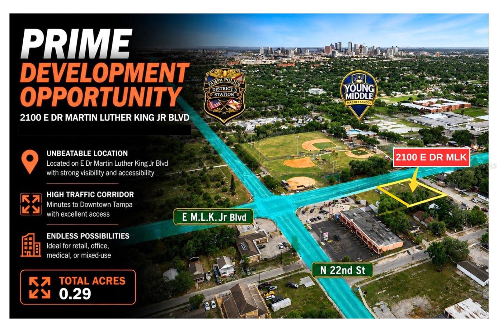 Prime commercial vacant land opportunity off highly traveled East Martin Luther King Jr. Blvd in Tampa! This is a standout investment site positioned in a strong, active corridor with excellent visibility and consistent daily traffic. Directly across from a school and Metro by T-Mobile, and supported by a nearby community center and neighborhood meat market, the location benefits from built-in, steady consumer activity throughout the day.

Lot next door also for sale
#TB8512838 

This versatile parcel presents exceptional potential for investors and developers looking to capitalize on Tampa’s continued growth. Ideal for retail, quick-service restaurant, office, or service-based development, this site provides the exposure, accessibility, and surrounding demand needed to support long-term success.

Opportunities like this are becoming increasingly rare along this corridor—secure your position in a high-demand area and unlock the full potential of this prime commercial investment site.