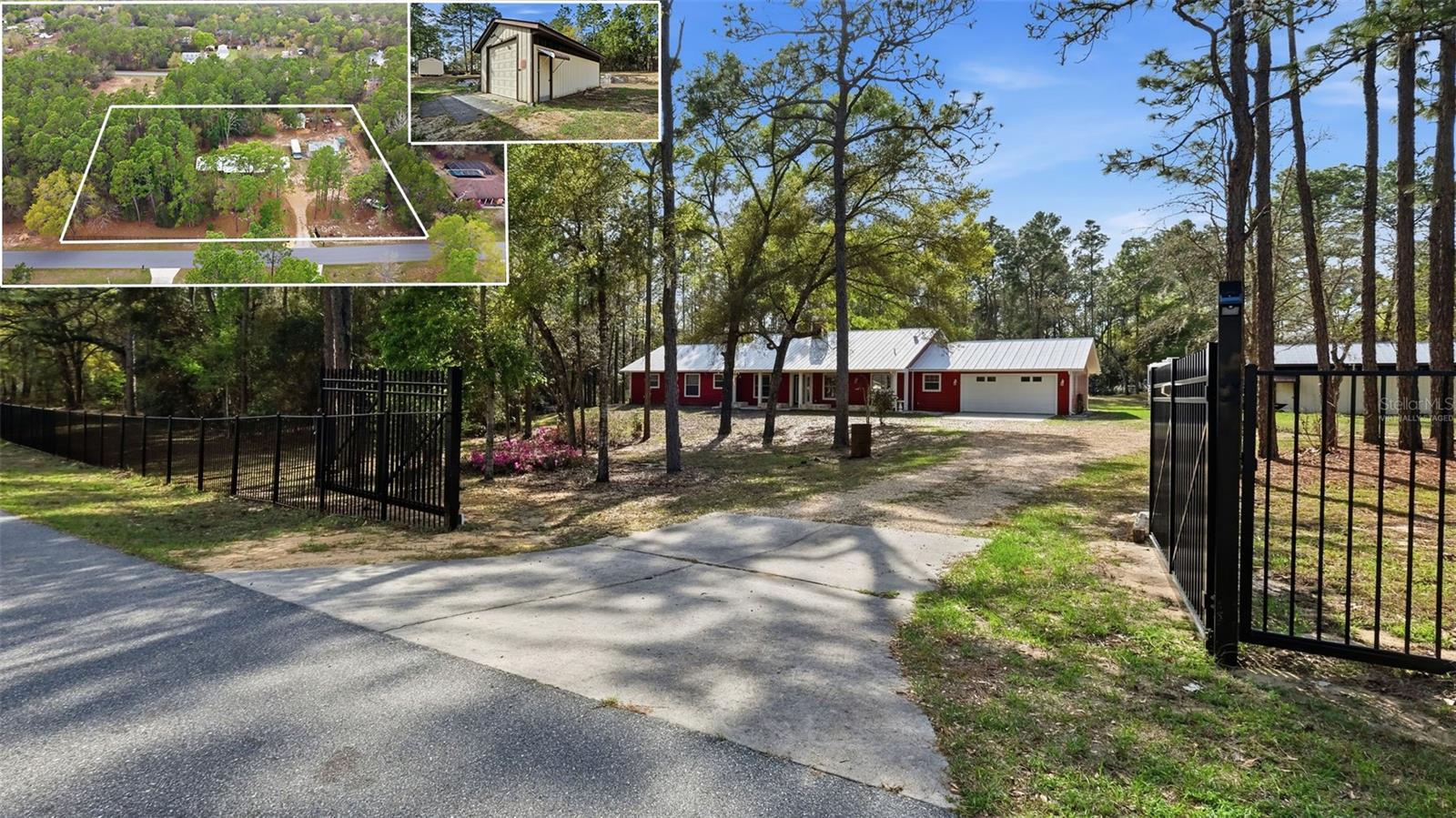 ENJOY COUNTRY LIVING in this beautiful RANCH-STYLE home on 2 acres (double lot) in the highly sought after Oak Forest community with NO HOA, so bring your camper, RV, boat, ATVS, pets, and toys!! NO FLOOD!! NO CDD!! 3 bedrooms + office + 2 full bathrooms + 1/2 bath + rock fireplace + 2-car garage + fully fenced with gorgeous iron fence and double gated entrance + large detached RV garage/storage shed (16x32).  This is a neighborhood of one acre lots with beautiful custom homes on them. This home sits on a rare DOUBLE lot, so it offers 2 acres of privacy and a place for your family to enjoy the outdoors!! You can see the lot's impressive size just driving up to it and seeing the length of the iron fencing and the private gated entrance. Located near the end of a dead end road, so no through traffic!! Lots of quiet neighborhood roads to take long walks or ride your bikes. Enjoy warm nights around your beautiful fireplace!!

The home offers a large front porch (39 x 6) and a large rear porch (39x10) to entertain your family and friends!! Or enjoy a drink together at sunset on the rear porch!! This home offers a lot of outdoor living space!! The home is large with 1,968 sq feet of livign space and 3,142 total sq feet under roof!! It offers a breakfast nook and a formal room dining area!!  The master suite offers dual closets and an ensuite bathroom with a soaking tub, and dual sinks!  

Metal roof 1992. AC 2009. County Water. Septic. Shed furthest in the back of the property is a cooking shed and in excluded in the sale. 

Located off US Hwy 41, just north of Historic Brooksville and just a short drive up 41 to Historic Floral City full of lakes and water activities!!