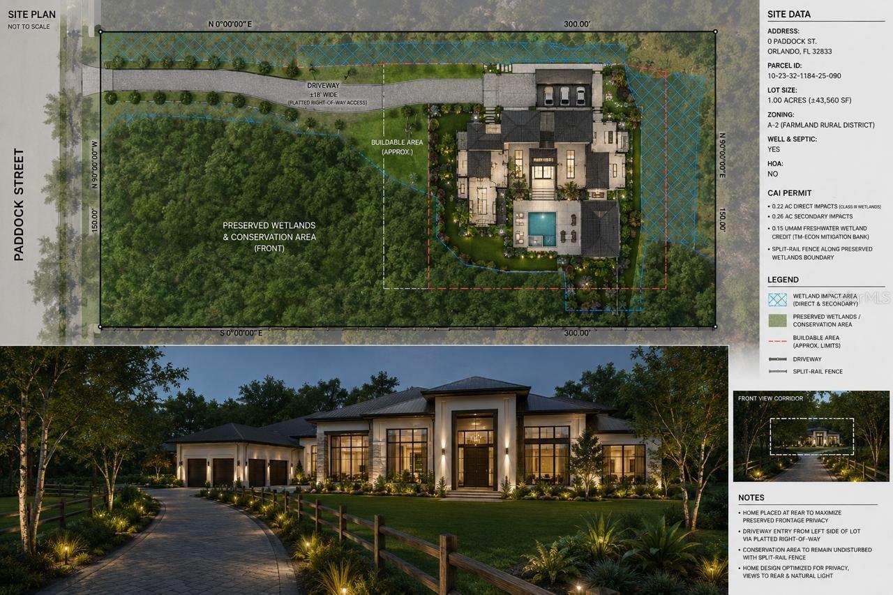 One-of-a-Kind Private Estate Opportunity — Development-Ready Homesite

Skip one of the most time-consuming and costly stages of the development process. This exceptional homesite already includes a completed Conservation Area Determination (CAD), potentially saving 12–18 months in the environmental review process, subject to the buyer's proposed development plans and applicable governmental approvals.

The property benefits from tens of thousands of dollars in completed pre-development investments, including secured wetland mitigation credits, certified environmental studies, professional site evaluations, technical due diligence, and other development-related analyses — providing immediate value while helping reduce development risk, time, and cost.

More than just a vacant lot, this is a rare opportunity to acquire a thoughtfully prepared homesite where months of professional planning and environmental coordination have already been completed. A conceptual 3,700± SF Private Retreat Estate has been designed to showcase the property's full potential, blending timeless architecture with the surrounding natural landscape to create an exceptional private sanctuary.

Whether you choose to refine the existing concept or develop your own custom vision, this homesite provides a significant head start over a typical undeveloped property — allowing you to focus on building your dream estate rather than starting the entitlement process from scratch.

Conceptual renderings, CAD documentation, environmental reports, and additional pre-development information are available upon request. Buyer is responsible for conducting their own independent due diligence regarding all aspects of the property, including any proposed development, permits, approvals, timelines, and intended use.