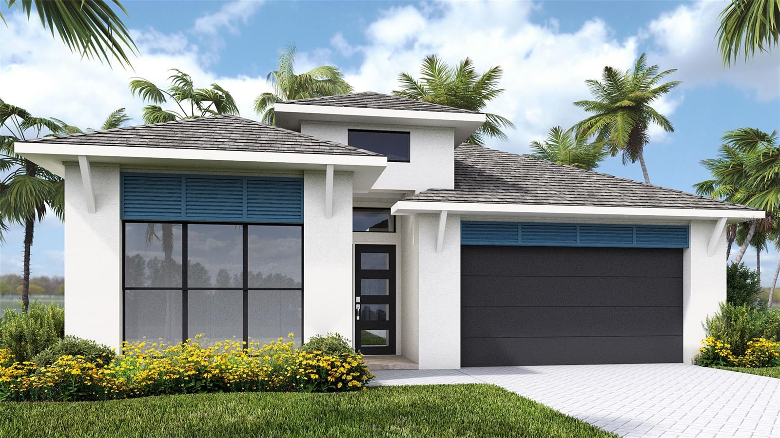 Under Construction. The front porch opens into a welcoming entryway with an extended tray ceiling that embraces the main hallway. Two secondary bedrooms with walk-in closets and full bathroom are off the main hall. A full guest suite with a private bathroom and ample closet space is adjacent. You pass the laundry room as you enter into the kitchen which features an island with built-in seating, 5-burner gas cooktop and corner pantry. A bonus flex room is across from the kitchen. The dining area flows from the kitchen to the connecting family room which offers abundance of natural light from its sliding glass door and access to the backyard covered lanai. The primary bedroom has a wall of windows overlooking the backyard. Double doors lead into the bathroom which hosts dual vanities, a freestanding tub, glass enclosed shower and two walk-in closets. The drop zone is off the two-car garage.