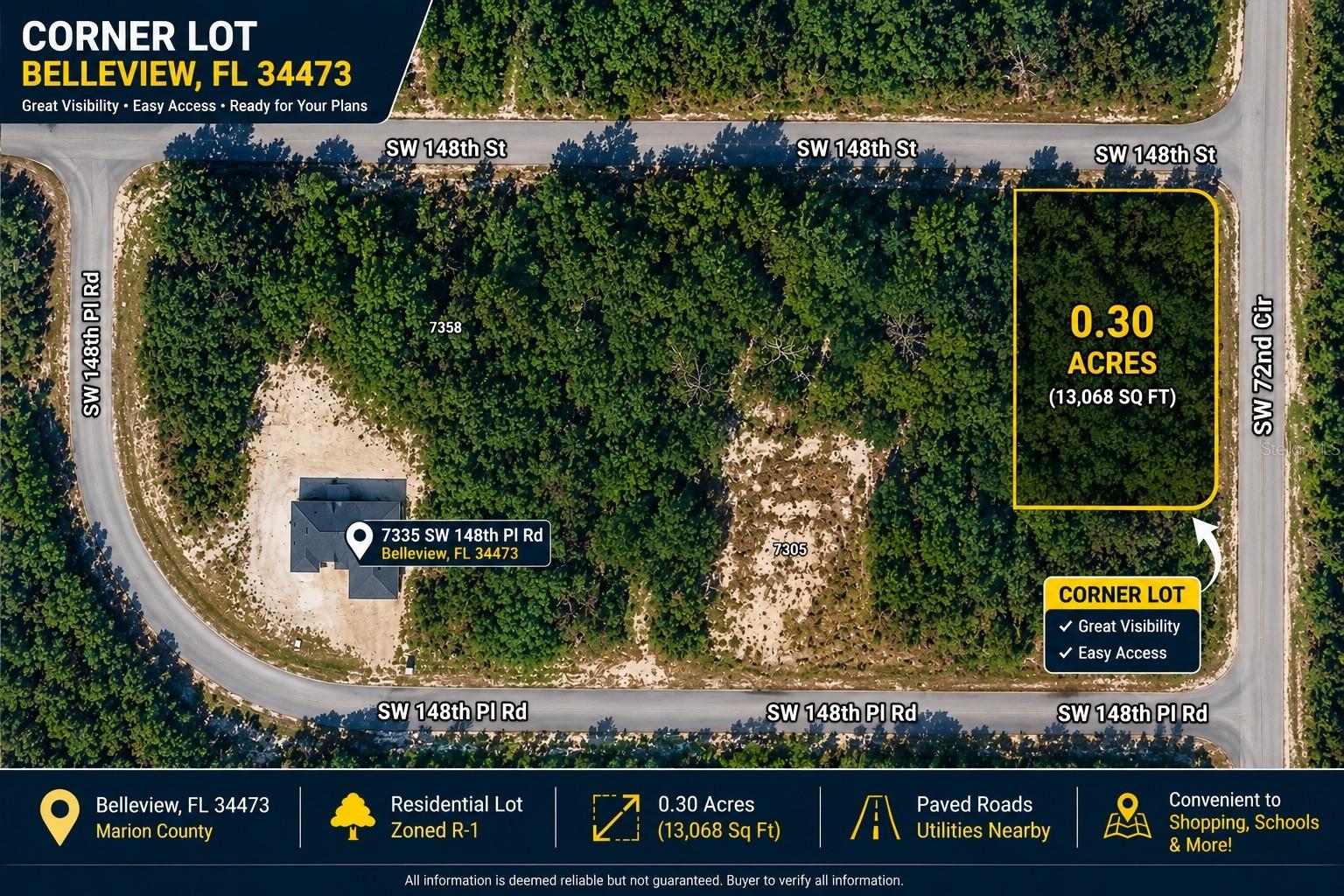Build your dream home on this desirable 0.30-acre corner lot in growing Belleview. Located on SW 148th Lane, this oversized homesite offers added flexibility for home design, outdoor living, and convenient access. Enjoy the peaceful setting of a residential neighborhood while remaining close to shopping, dining, schools, medical facilities, and everyday conveniences. With easy access to Ocala, The Villages, and outdoor recreation opportunities, this property is ideal for a primary residence, seasonal retreat, or investment. No time frame to build. A great opportunity to secure a spacious corner lot in a developing area of Marion County.