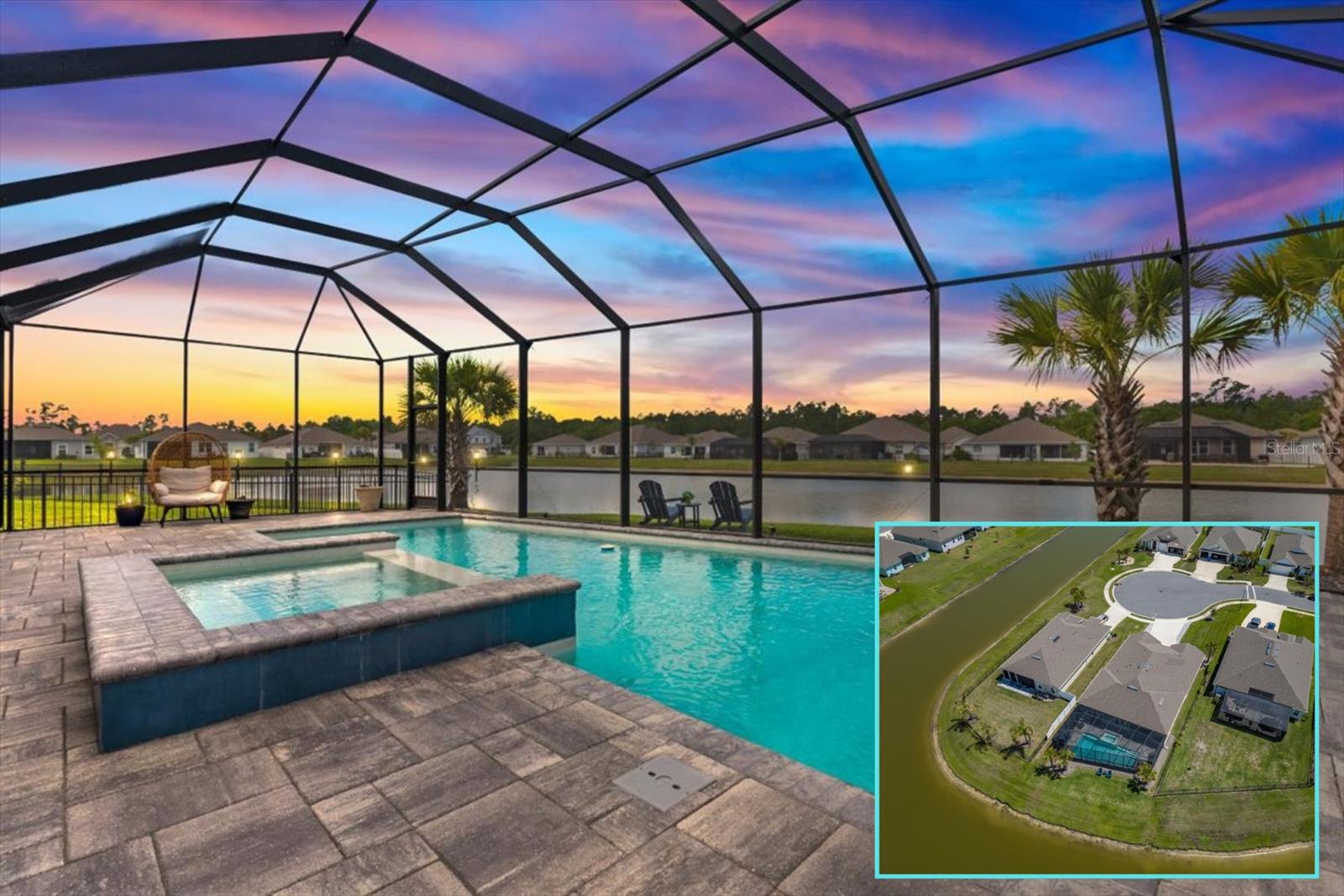 MINUTES TO THE BEACHES and located on a quiet cul-de-sac, this exceptional POOL HOME delivers! Featuring 4 BEDROOMS, 3.5 BATHS, 3 CAR GARAGE, AND SO MANY EXTRAS, this 2,798 home offers the perfect blending of comfort, functionality and Florida living. A private MULTI-GENERATIONAL SUITE complete with its own living area, kitchenette, bedroom, and full bath provides ideal separation for extended family, guests, or a secluded retreat. The heart of the home features a seamless open-concept layout, where the kitchen, gathering room, and dining spaces connect effortlessly. Step outside to a true backyard escape; an expansive screened paver lanai with pool and spa, all set against a tranquil pond backdrop with stunning sunset views. The extended paver deck and widened driveway enhance both curb appeal and function, leading to a 3 Car Garage featuring epoxy floors, utility sink, and sliding screen doors perfect for added flexibility.

Additional highlights include tray ceilings, custom millwork and wainscoting, water softener, reverse osmosis system, whole-home gutters, dedicated irrigation well for efficiency and cost savings, and a new water heater. Enjoy the added advantage of a LOW HOA, NO CDD fees and no minimum rental restrictions, offering flexibility for both homeowners and investors. Community amenities include a pool and playground, with nearby boat & RV storage just minutes away; perfect for embracing the coastal lifestyle. A standout opportunity with flexible living, your personal resort-style outdoor space, and a location that keeps you close to everything yet quietly tucked away on one of the best lots in the community. Property is not in a flood zone (currently Flood Zone X with Letter of Map Revision).