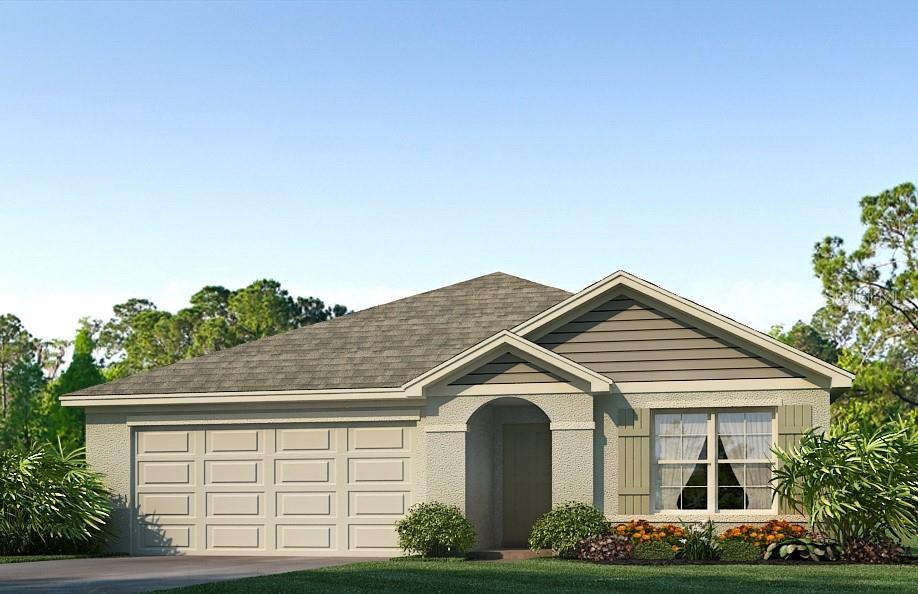 One or more photo(s) has been virtually staged. Under Construction. This all concrete block constructed, one-story layout optimizes living space with an open concept kitchen overlooking the living area, dining room, and covered lanai. The well-appointed kitchen comes with all appliances, including refrigerator, built-in dishwasher, electric range, and microwave. Bedroom 1, located at the back of the home for privacy, has an ensuite bathroom. Two additional bedrooms share a second bathroom. The laundry room comes equipped with included washer and dryer. Pictures, photographs, colors, features, and sizes are for illustration purposes only and will vary from the homes as built. Home and community information including pricing, included features, terms, availability and amenities are subject to change and prior sale at any time without notice or obligation. CRC057592.
