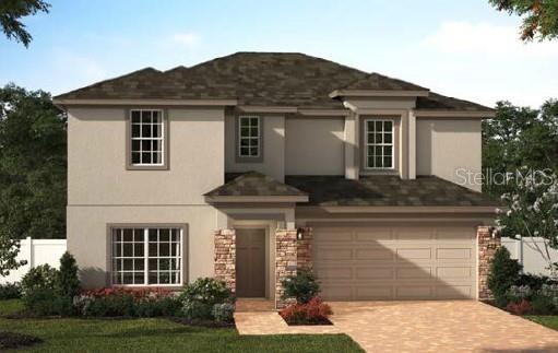 Under Construction. Discover our only summer-ready Newcastle plan, ideally situated near a cul-de-sac and backing to no rear neighbors for enhanced privacy. This thoughtfully designed home features 4 bedrooms, 2.5 baths, a 2-car garage, and a spacious Living room/Flex space off the foyer that is perfect for a home office, den, or formal sitting area. The open-concept layout seamlessly connects the dining area to the Kitchen and Family room, with views of the covered rear lanai—ideal for entertaining and everyday indoor-outdoor living. Elegant tile flooring extends throughout the main living areas on the first floor, while the well-appointed kitchen showcases beautiful cabinetry, sleek countertops, stainless steel appliances, and a generous pantry. Upstairs, a versatile bonus room offers additional space for a media room, fitness area, or second living space. The Primary suite features an en-suite bathroom with dual sinks in an adult-height vanity, a walk-in closet, and a luxurious walk-in shower with wall tile surround and glass enclosure. The exterior includes decorative stone accents, attractive landscaping, and a brick paver driveway and lead walk, completing the home's impressive curb appeal.  Enjoy the resort-style community pool and cabana, recreation area, and playground. The Florida Turnpike is just under a mile from community and provides easy access to all of Central Florida, including downtown Orlando, the Orlando International Airport, and all the major destinations. Enjoy the extensive outdoor recreation Minneola has to offer from biking through the city’s rolling hills, fishing, boating, or kayaking in Clermont’s Chain of Lakes, or across the street at the Minneola Athletic Complex that offers fun for the whole family.