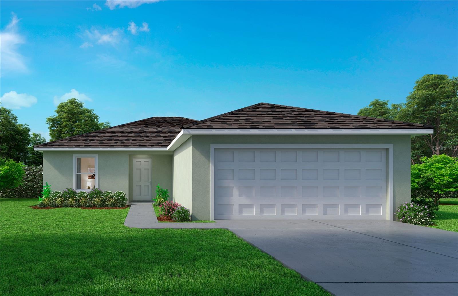 Under Construction. The PINDO model has 3 bedrooms, 2 baths and 2 car garage. Step inside and experience the open and airy ambiance created by the long view from the front door to the sliding glass doors at the back of the home. This thoughtfully designed home features two bedrooms and a bathroom on one side, offering comfort and convenience. On the other side, you’ll find the private and spacious Owners Suite, ensuring a tranquil retreat. The open kitchen is equipped with a breakfast bar and generous countertops, perfect for meal preparation and entertaining. Ample cabinet space allows for easy organization and storage of all your kitchen essentials. The adjacent laundry room, conveniently accessed from the garage, adds to the functionality of the home. With a two-car garage, you’ll have ample space for vehicles or additional storage needs. Constructed using CBS (Concrete Block System), this home incorporates energy-smart features throughout, including a digital thermostat, a heating, ventilation and A/C system, a roof vent and soffit for attic ventilation, and dual-pane energy-efficient windows. Includes a 1-year transferable builder warranty and a 10-year structural warranty.