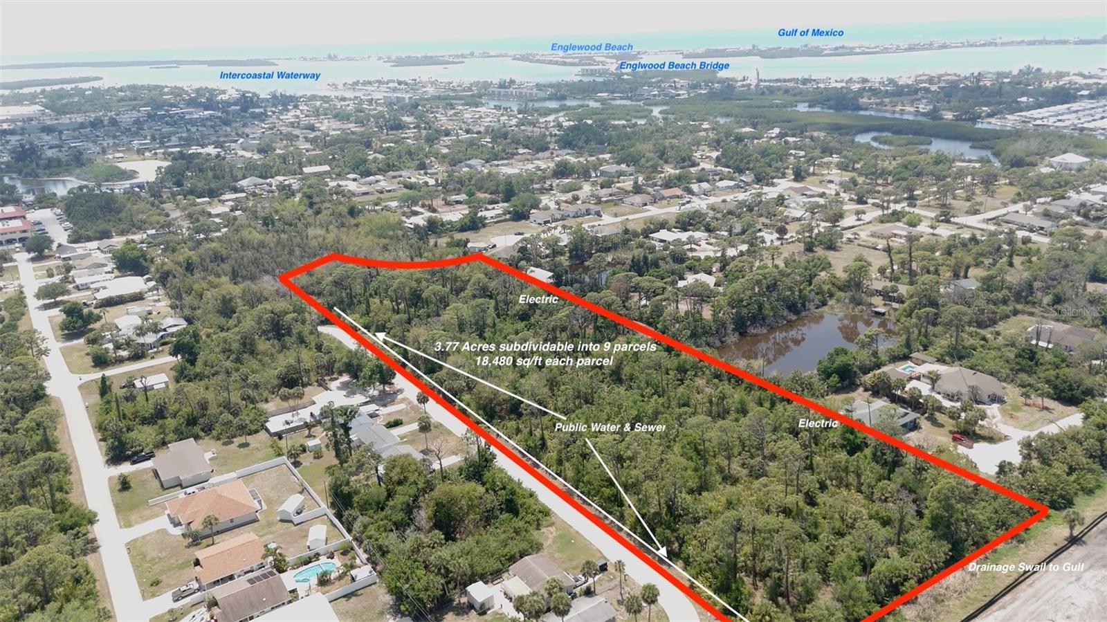 Owner Financing available.  Tucked away but close to everything.  Nearly 4 acres, one of the few parcels of this size that are currently available. Adjacent property of 40 acres is currently being developed as a gated community of 85 single family homes called Sandpiper Pointe by MI Homes.  Minutes away from Dearborn St and Englewood beach, with easy access to US-41 and I-75 via River Rd (or SR 776).  Build a family compound or subdivide into a possible 9 parcels (18,480 sq/ft each).  Subdivision pre-submittal has already been completed, available upon request.  No wetlands on site with public water, public sewer, and electric all available. No HOA.