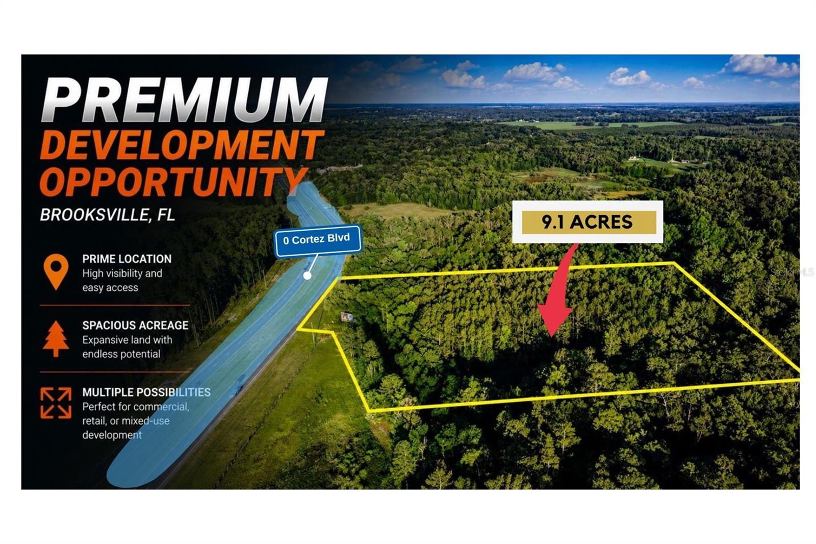 Builders, developers, and investors — don’t miss this opportunity to secure prime acreage along the booming State Road 50 (Cortez Blvd) corridor southeast of Brooksville. With new residential and commercial developments popping up nearby, this area is experiencing tremendous growth and is perfectly positioned for future development.

Three adjacent parcels are available individually or together, ranging from 4 to 9.1 acres, all featuring valuable road frontage, excellent visibility..

Ideal for residential, commercial, mixed-use, or recreational projects, these parcels have exceptional potential in one of Hernando County’s fastest-growing corridors.

Bonus Income Opportunity.

Two billboard signs on the property currently generate approximately $3,312.92 annually with month-to-month leases, and the tenant is interested in extending long term.

Available Parcels
MLS# – 9.1 Acres
MLS#  – 4.55 Acres
MLS# – 7.3 Acres

Buy one or all three for a larger development opportunity. Buyer to verify zoning, land use, and property details with Hernando County.