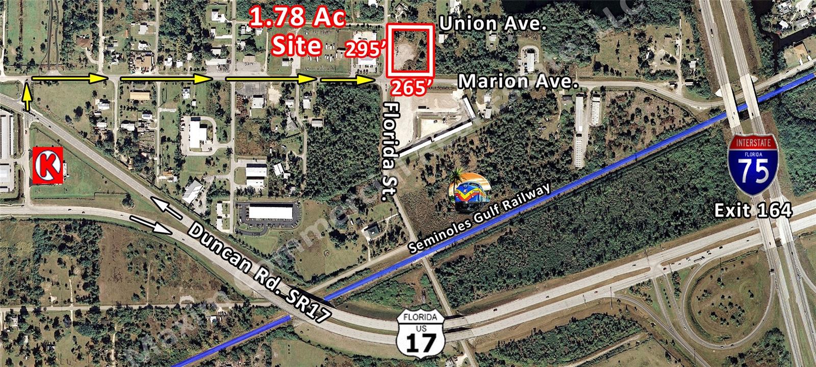 1.78-acre commercial land parcel located at 25454 Marion Ave. in Punta Gorda, Florida. This Commercial General (CG) zoned property measures 265' x 295' and offers excellent development potential. Conveniently located near I-75 Exit 164, providing easy access . The property is positioned in a growing area with strong demographics and is suitable for various commercial development opportunities.