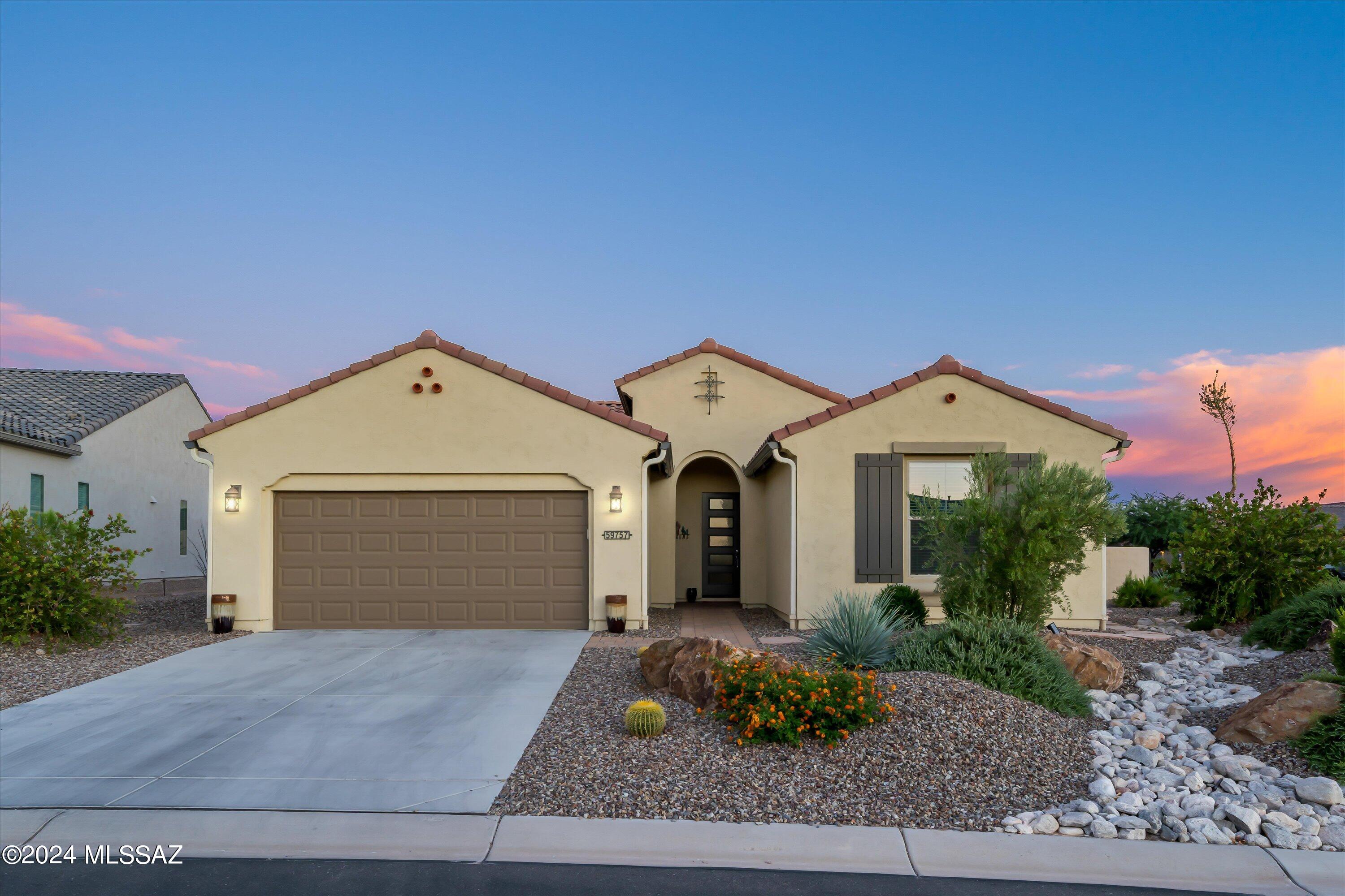 This stunning 2-bedroom 2-bathroom Hermosa model with den is the perfect home to start enjoying life in the vibrant active adult community of Saddlebrooke Ranch. Featuring a beautiful kitchen with upgraded stainless steel appliances and quartz countertops, it offers seamless indoor/outdoor living on a spacious corner lot. Enjoy morning coffee on the expanded covered patio with breathtaking sunrises and sunsets. Take advantage of the fitness center, swimming pools, golf, pickleball, arts, classes, clubs and more at the Ranch. Furnishings can be included with acceptable offers. Why wait to build when it can be yours today!