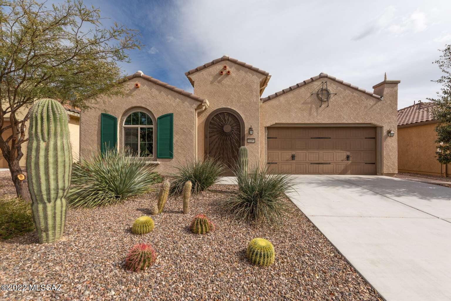 2-bdrm 2-bath home in upscale 55+ Del Webb at Dove Mtn. Community in Marana, a suburb of Tucson AZ.  2010 sq. ft. of living space, plus 338 sq. ft. of covered patio and a two-car garage.  Preserve Model.  Many upgrades, including bay window in owners suite, 82 sq. ft. climate-controlled storage room, upgraded kitchen package, French doors for den, walk-in shower, and decorative steel security doors for all 3 exterior house doors.  Tile floors, with bdrms and den carpeted.  Washer & dryer included.  Beautifully landscaped larger back yard, with orange and fig trees; ideal for entertaining.  Brand-new upgraded Trane HVAC system, with warranty.  Includes 5 kW owned solar power system with Net Metering.   Community Center with state-of-the-art Fitness Center, pool, and full activities program.