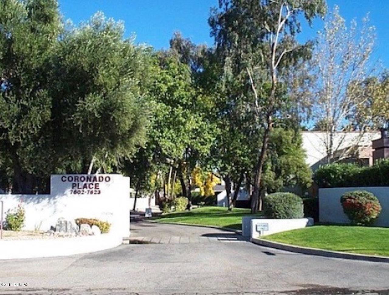Very cute one bedroom condo, fireplace in the living room with high ceilings! This condo has a combination of tile and brand new carpet.  All the appliances including a stackable washer/dryer are included.  This unit has a great private patio with access from the living room and bedroom with an added locked gate for privacy. The community provides water, sewer, trash, exterior maintenance, landscaping, two community pools and spas. Easy to show!