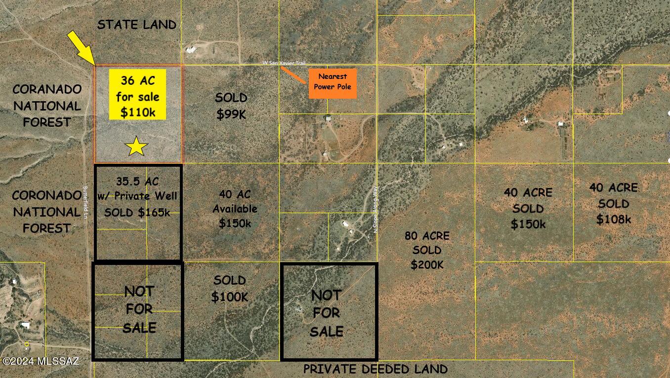 The best possible location!  This 36 +/- ACRES is bordered by STATE LAND to the North and NATIONAL FOREST to the West.  The parcel is slightly sloped but all usable land!  So close to the Stronghold, it feels like you can reach out and touch it.  The pictures don't do it justice - you MUST see this one in person to witness the majestic splendor of it all.  Enough can't be said about the panoramic views and the energy you will feel while standing on this land.  Power is approx. 1/4 mile to the east, along San Xavier Trl.  Go explore Cochise Stronghold in the Coronado Nat'l Forest.  Cochise Stronghold is located to the west of Pearce/Sunsites, in the Dragoon Mountains at an elevation of 5,200 ft.  This beautiful woodland area lies in a protective rampart of granite domes and sheer cliffs which were once the refuge of the great Apache Chief, Cochise, and his people.  Some of the wildlife you might be lucky enough to see are: white-tailed deer, black bear, coatimundi, mountain lions, javelina, jack-rabbits, ring tailed cats, ground squirrel, gray fox, two striped skunks, ocelot, bobcat, and badger.  It's a very popular bird-watching area where you might see:  Harriers, bird and buzzard hawks, vultures, eagles, turkey vulture, northern harrier, sharp-shinned hawk, Cooper's hawk, Swainson's hawk, zone-tailed hawk, red-tailed hawk, and ferruginous hawk.  Because of the rare location of this parcel with adjacent public land, it's not expected to last long on the market.  HURRY!!