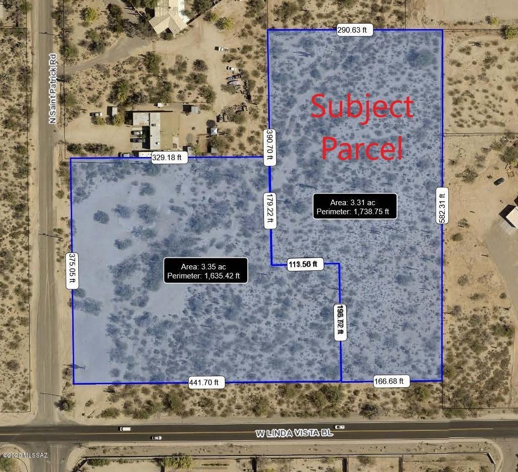 Parcel to be split while in escrow into a 3.31+ acres. Land located just east of St. Patrick on the north side of Linda Vista. Proposed new parcel is beautiful undisturbed Sonoran desert in a great infill location. Land is located near the Tucson Premium Outlet Mall & Mtn. View High School. Property taxes shown are for the entire parcel.  SW Gas line located in Linda Vista. Survey from 2014 available for entire parcel. Partial fence on two sides. Property has good views of Tucson Mtns, Sombrero Peak, Tortolita Mtns. & Santa Catalina Mtns. Seller Financing Available on this. See photos for proposed parcel boundary.