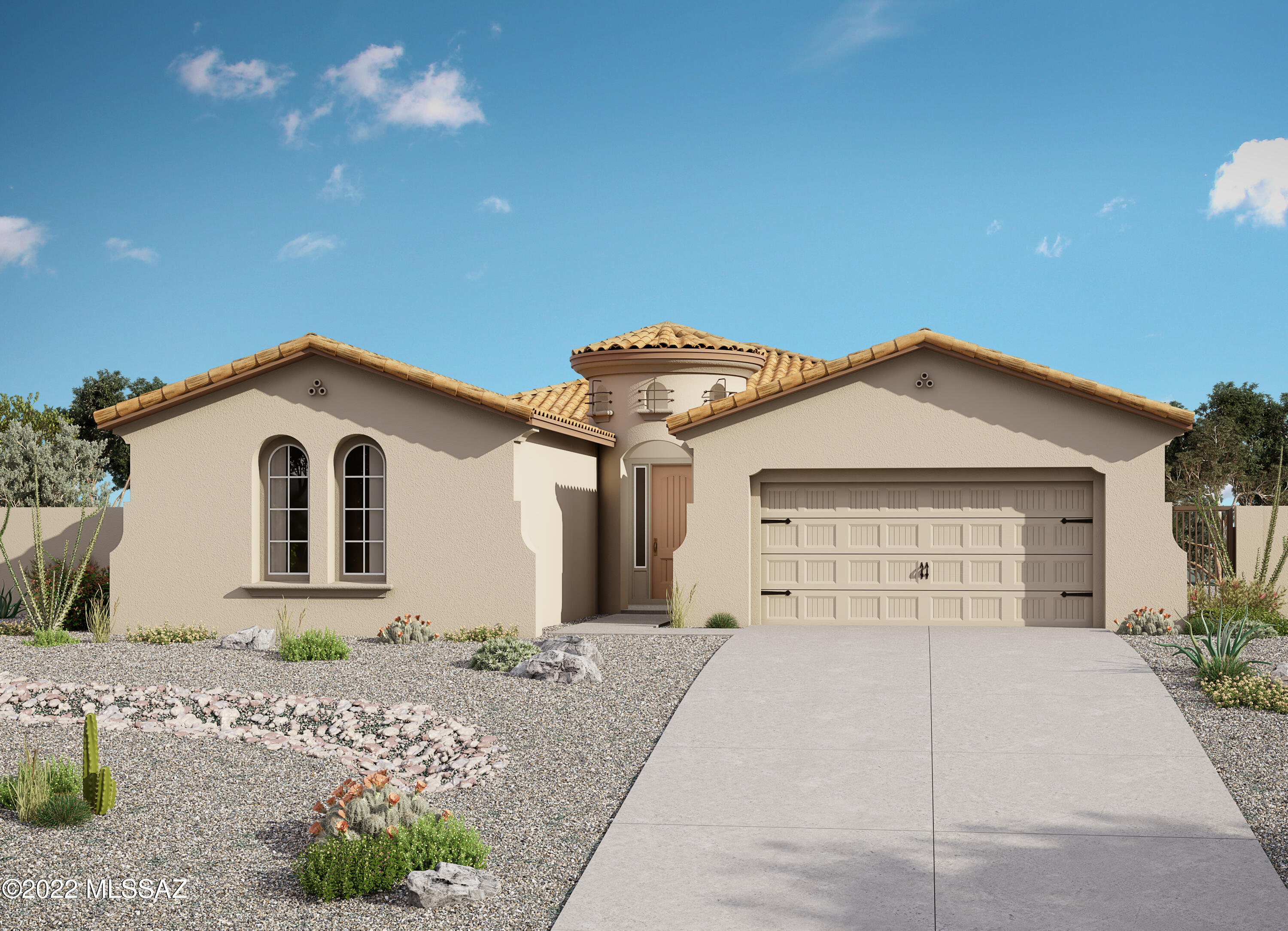 Panorama plan with Spanish elevation. Features include: paver driveway, entryway & porch, enclosed den with French doors, 8' interior doors, coffered ceiling at Foyer & entry hall, bay window in Owner's suite, 12' centered slider, Gourmet kitchen.
