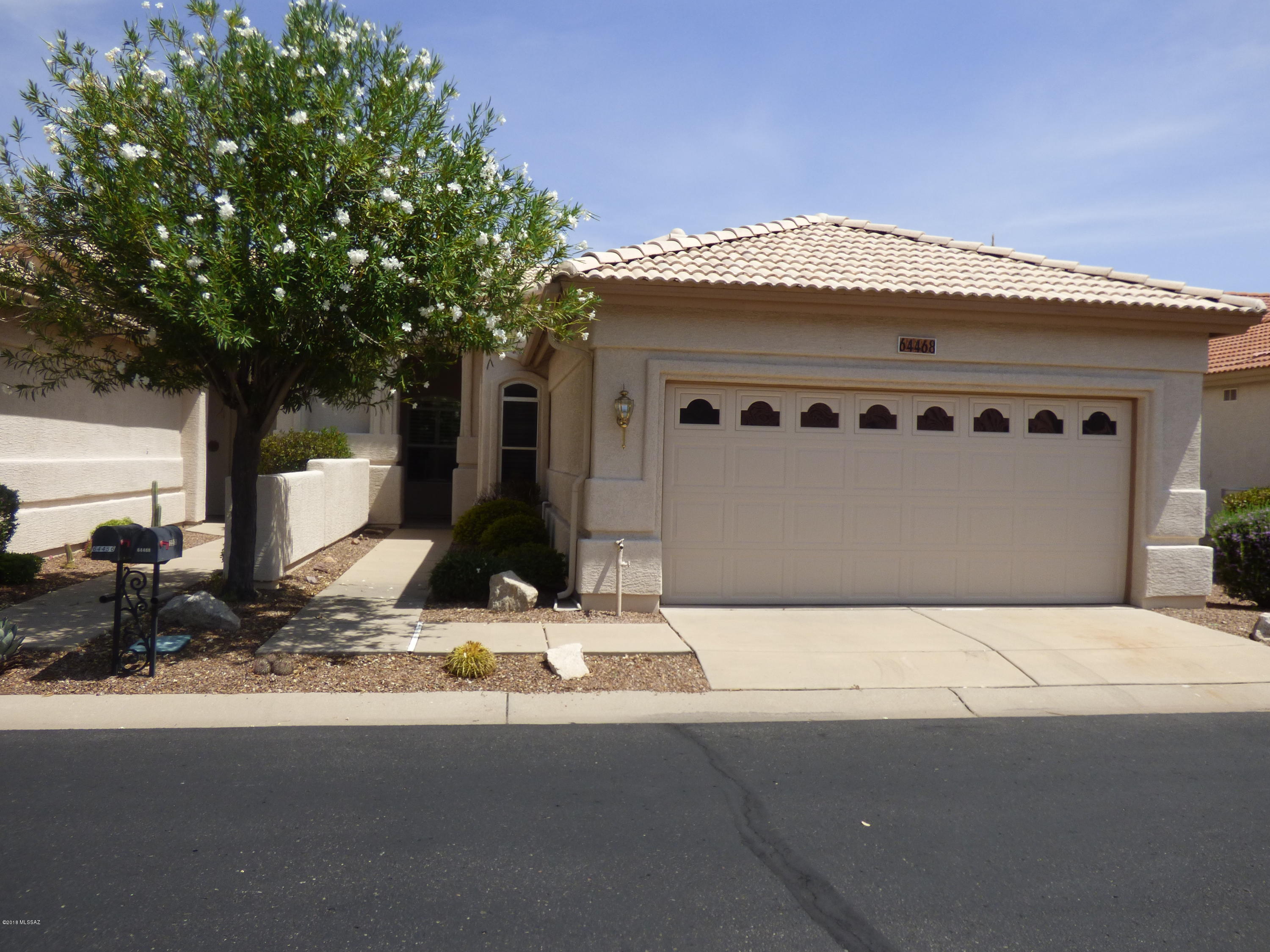 This Saddlebrooke villa is light and bright, freshly painted and carpeted! 2BD/2BA and den with murphy bed! Has two-sided gas fireplace, screened-in porch, and right on the green! Near the clubhouse for your enjoyment!