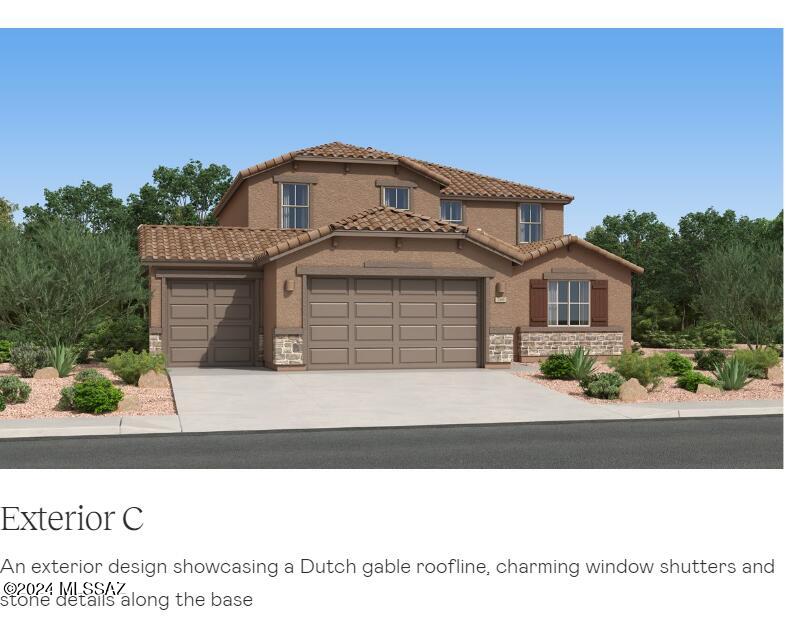 This two-story home conveniently offers a four-bay tandem garage and four bedrooms, making it ideal for growing households. The kitchen, dining room and Great Room share an open layout and have direct access to a patio for outdoor entertainment. A sole secondary bedroom and full-sized bathroom on the first floor are perfect for accommodating overnight guests. Upstairs are two additional secondary bedrooms off a versatile loft, along with a luxe owner's suite with an en-suite bathroom and walk-in closet. This home comes with upgraded cabinetry and granite countertops throughout! Also included is Taexx built in pest control system, post-tension foundation,  media panel, and energy efficient upgrades!