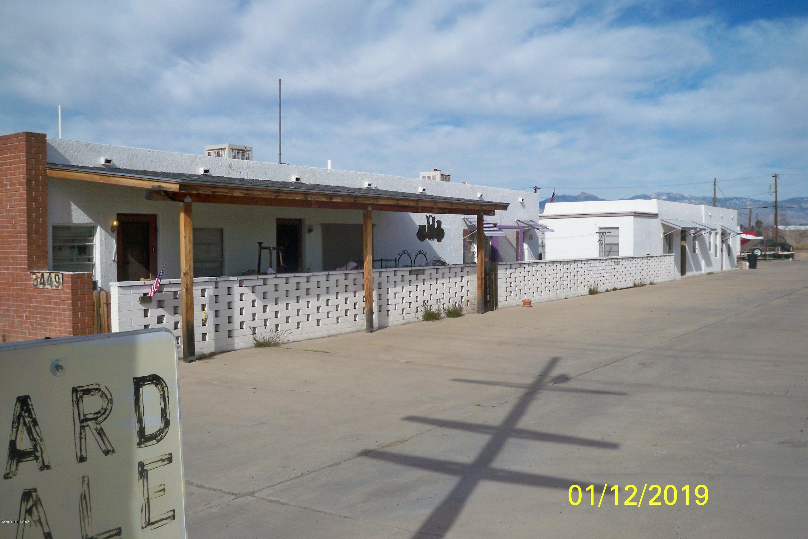 Many possibilities on the Benson Highway Corridor!  Zoned CB-2 General Business Zone by  Pima County!  Current;y used a fourplex with with all clean units, typically always fully rented at $550 per month.    Nice clean curb appeal, an overabundance of parking area plus  approval for 10 mobile home spaces.  Plenty  of potential here as an value added property!!    Take a look!