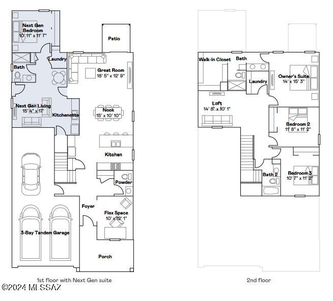 This floorplan is ideal for multigenerational families with a convenient Next Gen® suite that features a private entrance, living room, kitchenette, bedroom, bathroom and laundry. The first level of the main home is host to an open floorplan shared between the Great Room, kitchen and dining room while a flex room offers additional space. A loft and three bedrooms occupy the second floor. This home includes GE® stainless steal appliances, Rinnai Tankless Water Heater, Granite Countertops, Taexx® built-in pest control system, 2'' faux wood blinds, LED lighting and so much more!