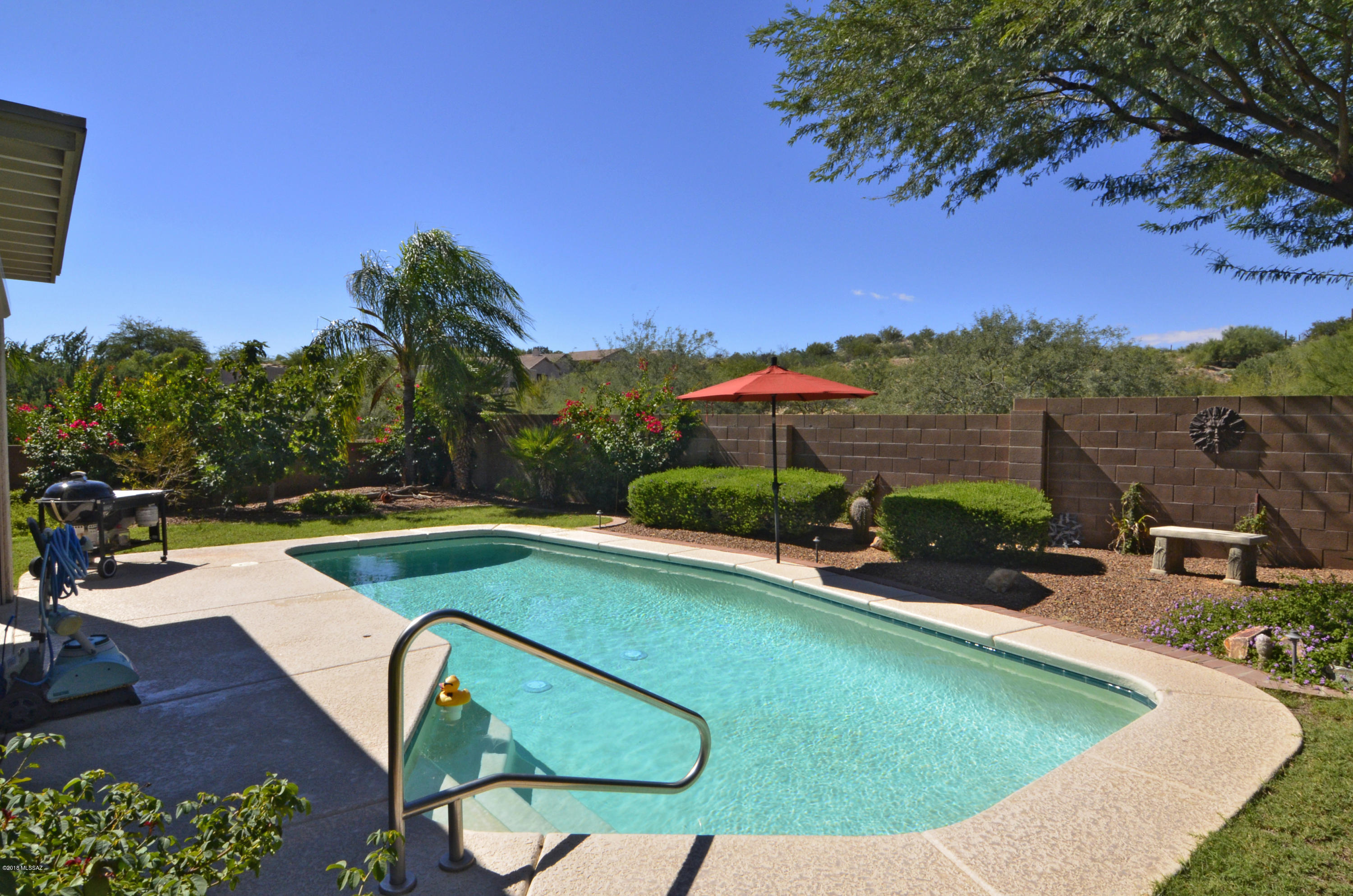 Extremely Private Home in The Bluffs in a Peaceful Setting Backing to Open Space. Kitchen with Stainless Appliances, 5-Burner Gas Range, French Door Refrigerator & Custom Glass Tile Backsplash. Bright Breakfast Nook Overlooking the Pool. Open Great Room with Vaulted Ceilings & Inviting Fireplace. Dining Room for Entertaining. Spacious Master Suite with Bay Bump Out Windows & a Large Walk-in Closet. Elegant Master Bath with Walk-in Shower with Custom Tile & Double Sink Vanity. Split Bedroom Floor Plan for Added Privacy. Resort Quality Yard with Heated Pool, Shady Covered Extended Porch with Remote Controlled Electric Sun Screens, Lush Gardens with Roses & a Fig Tree and a Fenced-in Pet Friendly Yard all Backing to Tranquil Open Space. Close to Community Park. Move-in Ready.