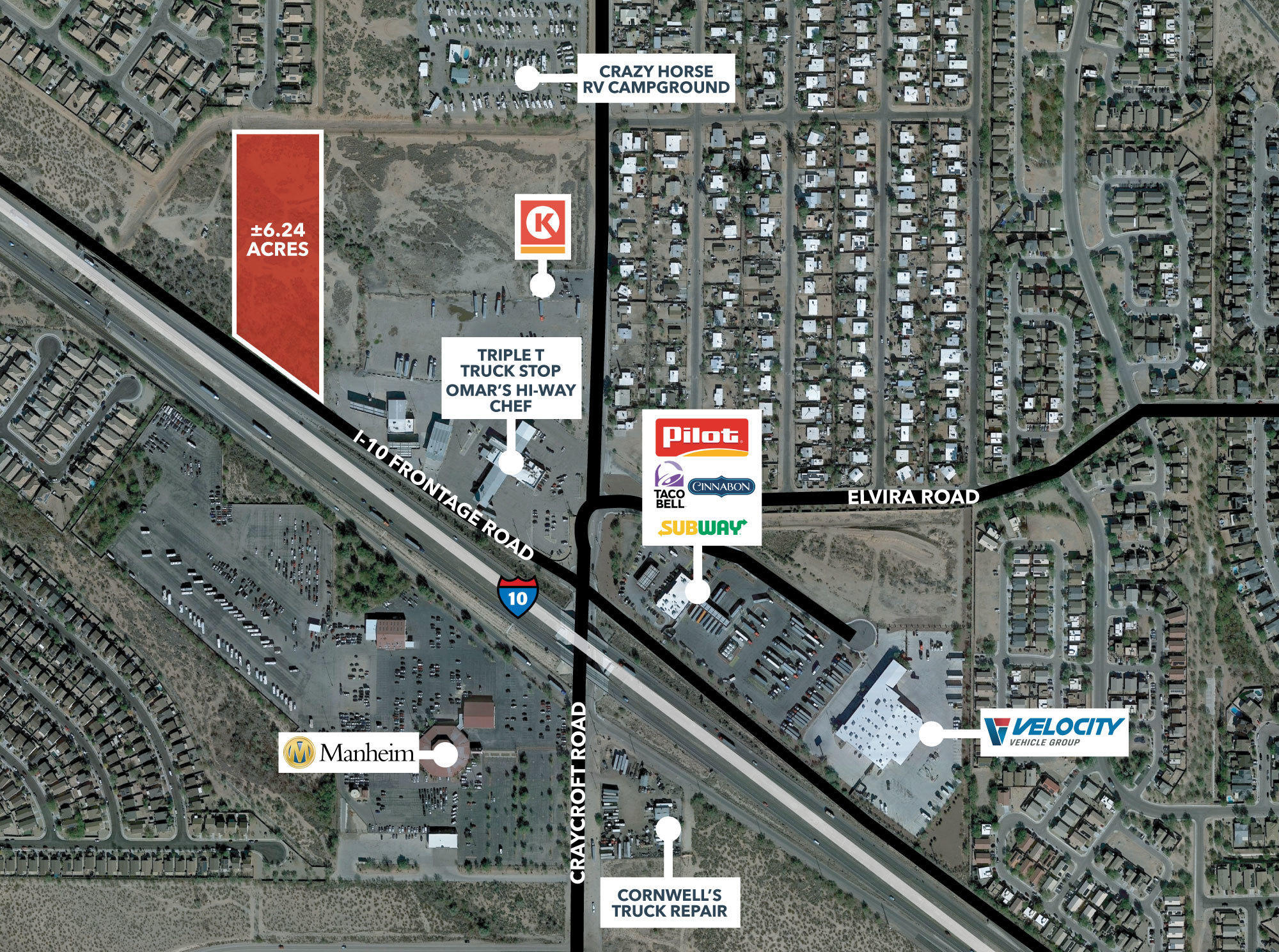 +/- 6 commercial acres with I-10 Frontage in Tucson AZ.  Near the MAJOR INTERCHANGE of Craycroft & I-10.  HIGH VISIBILITY on I-10.  Freeway Billboard on the property.  With about $10,000 per/year of income! GREAT COMMERCIAL ZONING of C2 in the City of Tucson.  Great Price at about $1.80 per sq.ft!  Zoning will allow MANY USES.  Great area for Transportation Retail Services.  Automotive Shops, Construction Services, Construction Material sales, Travelers Accomodations such as Lodging / Hotels, Heavy Equipment Sales, RV Sales Center or car/truck sales center, Commercial Storage, Mobile Home Park etc. Uses are endless.  Smart investment with the expansion of the Sonoran Corridor Parkway.  Ask broker for a list of the uses under C2.  See virtual tour for a Birds Eye View.
