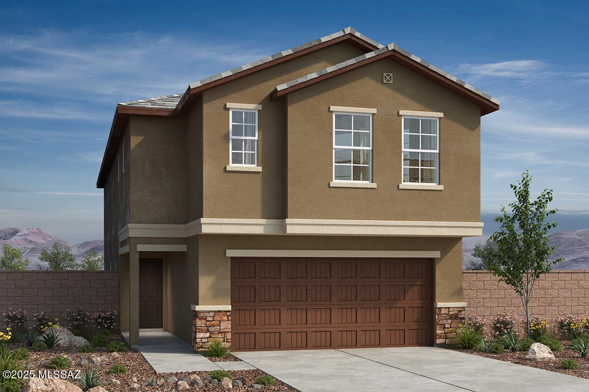 This two-story home features wood-look porcelain tile flooring throughout. The spacious great room leads to a covered back patio facing natural desert. The modern kitchen showcases Silestone® countertops, 42'' dark brown upper cabinets, an island, walk-in pantry, and Whirlpool® stainless steel appliances. The den includes storage space. Upstairs, the loft offers space for study or movie night. The primary suite boasts a walk-in closet and adjoining bath with a shower, linen closet, and dual-sink vanity. Price includes discount predicated on using seller's preferred lender KBHS.
