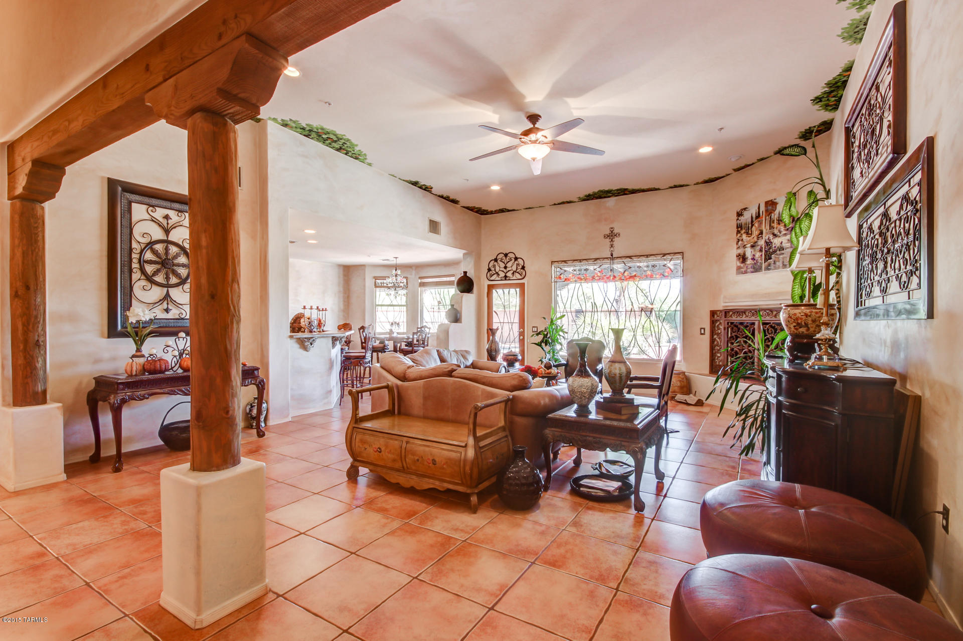 Charming Santa Fe style home on corner lot in the Whisper Ranch community. Rustic interior, custom designer paint, tile flooring & tasteful Southwest undertones throughout. Relax in front of the cozy fireplace in the family room. Large eat in kitchen boasts black appliances, custom cabinets, walk in pantry & granite counters including raised breakfast bar. Formal dining room has a coffered ceiling & decorative niches. Bonus room w/wet bar! Spacious master suite has a private exit & luxurious spa like bath with garden tub, separate shower & dual sink vanity. Entertain in the spectacular backyard oasis w/ covered patio, fenced pool & spa, separate ramada w/fireplace & lush green grass! This home will not disappoint!! A definite must see!!
Ask for list of items that do not remain with the ho