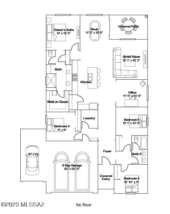 This spacious single-story home features a three-bay garage, ideal for car enthusiasts and a modern design. The open layout among the kitchen, family room and dining room leads to a covered porch for outdoor living, while a nearby office is great for at-home work. All four bedrooms surround the space, including the luxe owner's suite with a walk-in closet.. Upgrades include Luxury Flooring Tile, Luxury Bathrooms, Kitchen Cabinets and Quartz Countertops. Ring Video Doorbell Pro, Ring Alarm Base Station, Door & Window Contact Sensors, Motion Detector, Smoke & CO listener & Keypad, Level Bolt (the invisible smart lock), Wi-Fi Heat Mapping, eero Pro Mesh Wi-Fi System, Honeywell Home T6 Pro Z-Wave Smart Thermostat, My Q Smart Garage Opener, Rinnai Tankless Water Heater, & Soft Water.