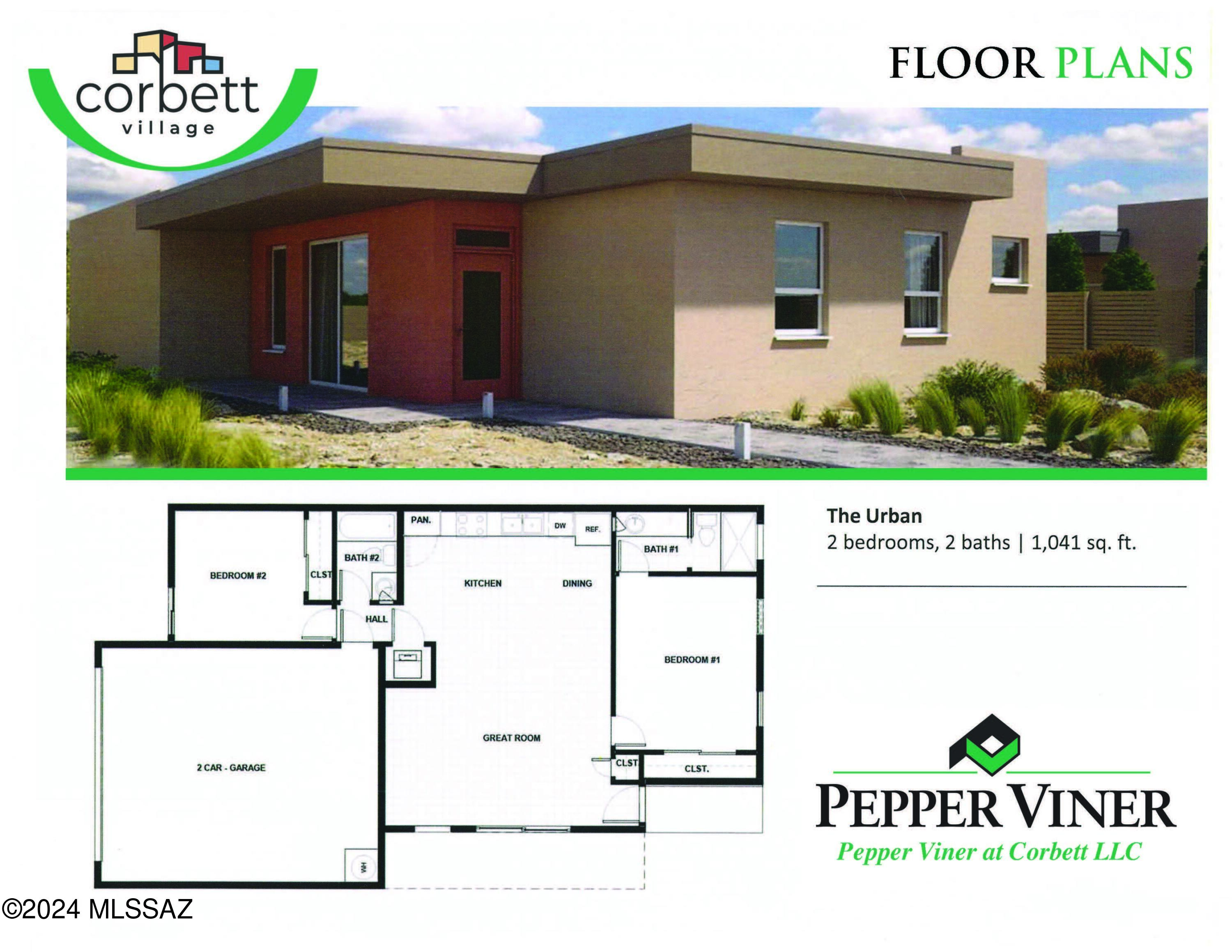 The Urban, a 1041 sq ft one level home with 2 bedrooms, 2 baths and a 2-car garage. Located in Corbett Village, in the the city of Tucson's newest centrally located community. Energy efficient new house built by Pepper Viner Homes, the 7-time SAHBA Builder of the Year recipient.
