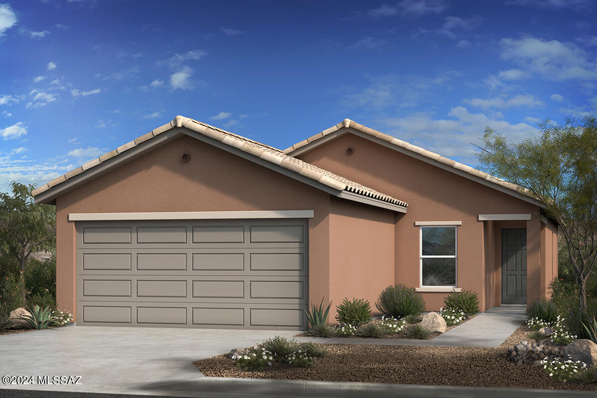 Located on a cul-de-sac, this single-story home features 9-ft. ceilings, a covered back patio, and ceramic tile flooring throughout. Food prep in the kitchen, which showcases granite countertops, white 42'' upper cabinets, an island, walk-in pantry, and Whirlpool® stainless steel appliances. The primary suite features a walk-in closet, extended dual-sink vanity, and shower with cultured marble surround. Homeowners can enjoy access to a community park, dog park, and adjacent Tucson Loop. Price includes discount predicated on using seller's preferred lender KBHS. Eligible for up to 4.5% towards rate buy down or closing costs. Must use seller's preferred lender KBHS for financing. Projected closing month is Oct. 2024. Property taxes are not available to date.
