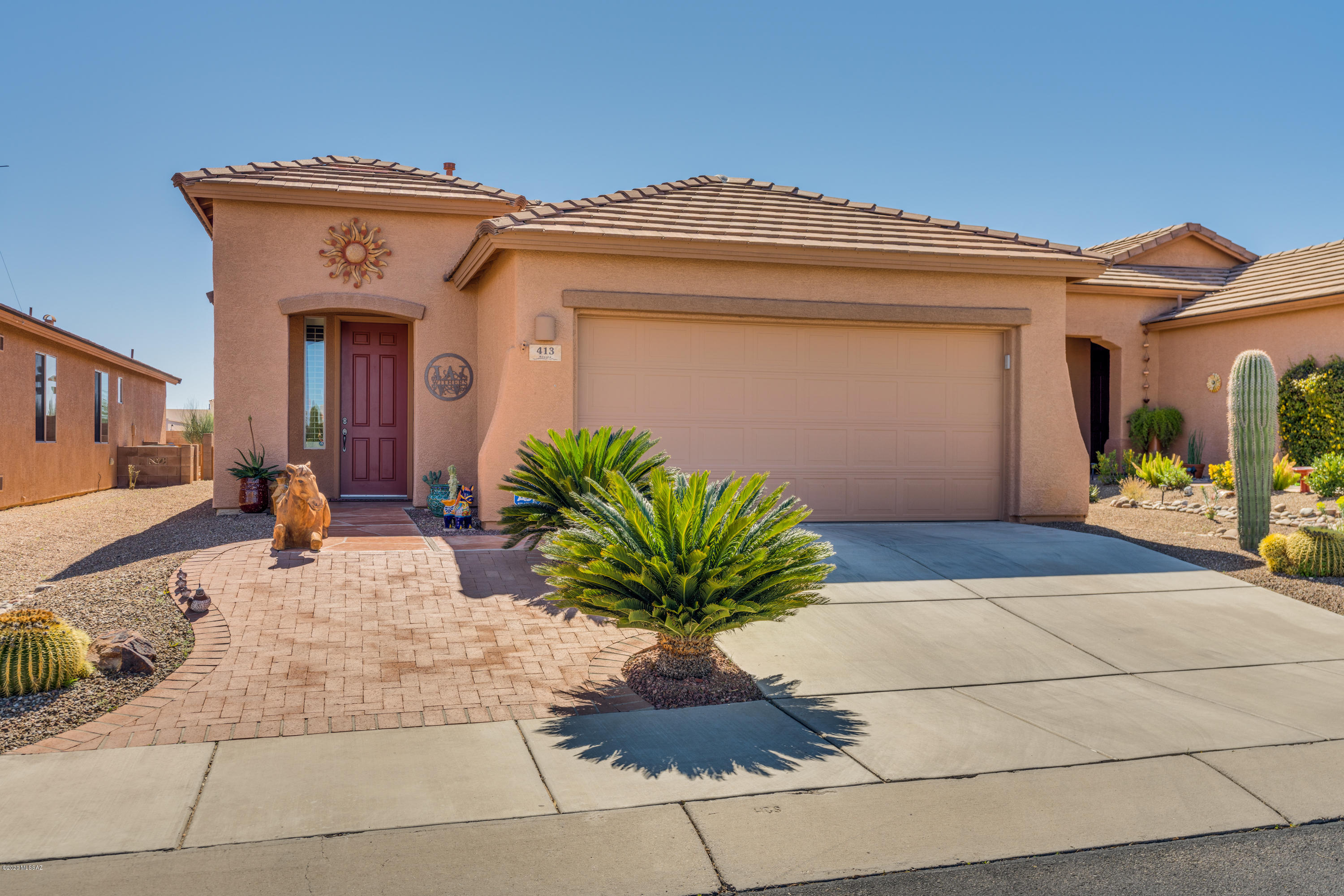 2 BR 2 BA, 1,540 sq.ft. move-in ready home in gated, 55+ Las Campanas Sonata. Meticulously maintained, nicely upgraded. This popular floor plan has a great room with enough space for casual dining if desired, a separate front living room, and dining room which could also be used as a Den. Wood plantation shutters throughout, solar screens. All hard surface floors, new engineered wood/laminate in bedrooms, ceramic tile everywhere else. Kitchen is plumbed for gas range. New, front load pedestal washer/dryer. Private, low maintenance back yard w/paver patio, pergola, mountain views and turf area for your four-legged family members. Garage w/attached cabinet storage, water softener, utility sink. Built by Meritage Homes in 2005. Close to shopping, White Elephant and GVR amenities.