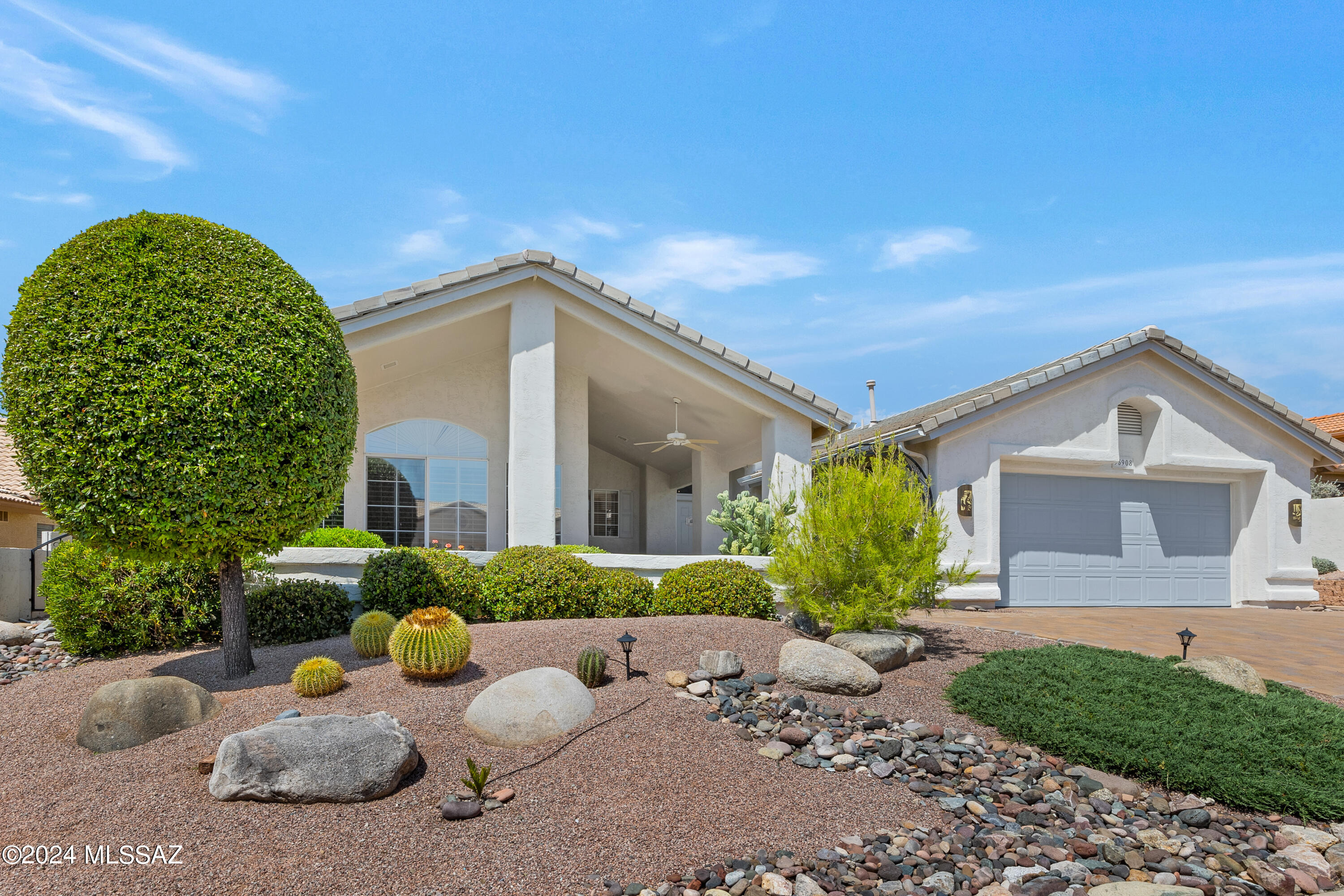 We're Proud to Present a Lovely Miramonte with Mountain Views from Front Patio & Backyard. Paver Driveway, Tiled Front Patio & Paver Path to Backyard. Enter into Great Room with 2 Sliders to Patio & space for Dining Area. Kitchen offers White Appliances, Cabinets with pull-outs, solid Counters, Kitchen Dining Area & Desk Area. Family Room has French Doors to Front Patio. Owner's Suite has Slider to Patio. Owner's Bathroom has remodeled Walk-in Shower & 2 Walk-in Closet's. Guest Bedroom with Walk-in Closet & Slider to Patio has Guest Bathroom nearby. Blinds & Plantation Shutters. Laundry Room has W/D & Storage. 2 Car Garage has 2017 HVAC & 2017 W/H with Utility Sink & Storage. Covered Patio with Tile, Rolling Awnings, extended Paver Patio, Water Feature, Apple Tree, & Gate Yard to enjoy!