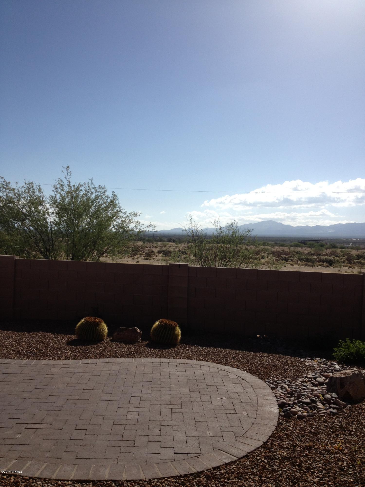 Backs to dessert area!! Mountain views!! This is the TRUE meaning of GREATroom!! Kitchen is wide open to the great room, with a high countertop/breakfast bar, loads of cabinets and architectural detail throughout the home including plant shelves,niches, a beehive fireplace, and an extended patio that goes across the entire back of the home. Professional low care landscaping includes a cobblestone al fresco patio in the back perfect for star gazing as well as an extended walkway in front. Spacious Master bedroom, and en suite bath include a built in vanity and garden tub. Two of the four bedrooms are ''split'' from the master bedroom with the second bathroom.
