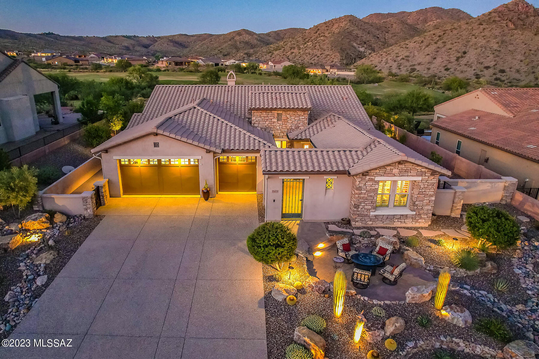 Spectacular 3BD/3.5BA + Den home with Casita, pool/spa & outstanding views! This Paloma model boasts upgrades throughout, room extensions, dual en-suite bedrooms, front/rear paver & tiled patios, 3 car garage, & panoramic golf course/mountain views. Enter this open concept floorplan & find walls of windows maximizing the view. Gourmet kitchen hosting center island with breakfast bar, dining area, quartz countertops, upgraded appliances + butler's pantry.  Spacious Owner's Suite hosts luxury bathroom with dual sink vanity, walk-in shower, & dual walk-in closets. French door entry to large Den. Laundry Rm with sink/cabinets. Resort style rear yard boasts covered & uncovered patios, decorative turf, BBQ, heated pool/spa. SaddleBrooke is a premier active adult community. Furnishings available