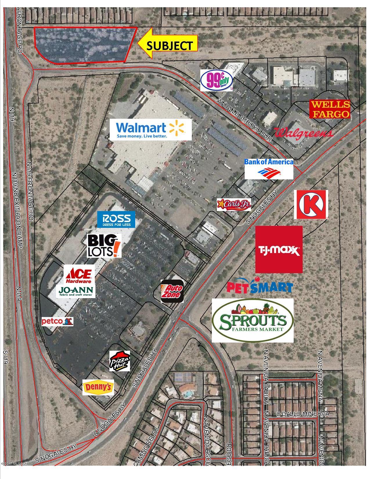This property is directly behind the Walmart Super Center in the booming town of Sahuarita. It is zoned CB-2 which would enable a number of commercial uses. It is on the NE corner of Calle Arroyo Sur  and the east frontage road.  Calle Arroyo Sur has a signalized intersection with the Nogales Highway. The land is affected by wash and overhead power line. But at this price it represents a great value with many uses. OWNER AGENT.