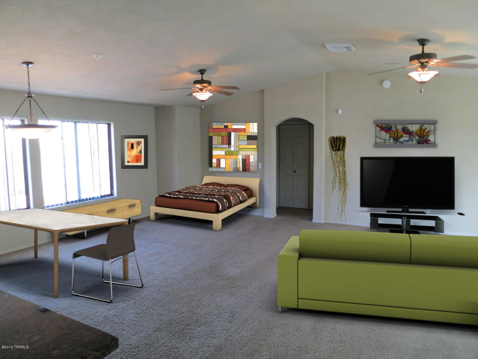 Super trendy loft studio with attached extended garage. Upper level end unit with fantastic open floor plan that's perfect for those sophisticated creative individuals seeking a unique living space. Kitchen and bath have been updated to the max, and include granite, stainless, dark wood cabinetry, tasteful ceramic and pendant lighting. Private covered patio. Gated community, easy private Rillito Riverwalk access, two community pools and spas, fitness and business center. Located 1/2 mile from St Philips Plaza with excellent shopping and restaurants, and weekend farmers market activities. Traffic light at Hacienda Del Sol makes those left hand turns on River Rd a breeze. Virtual staging may not be to scale.