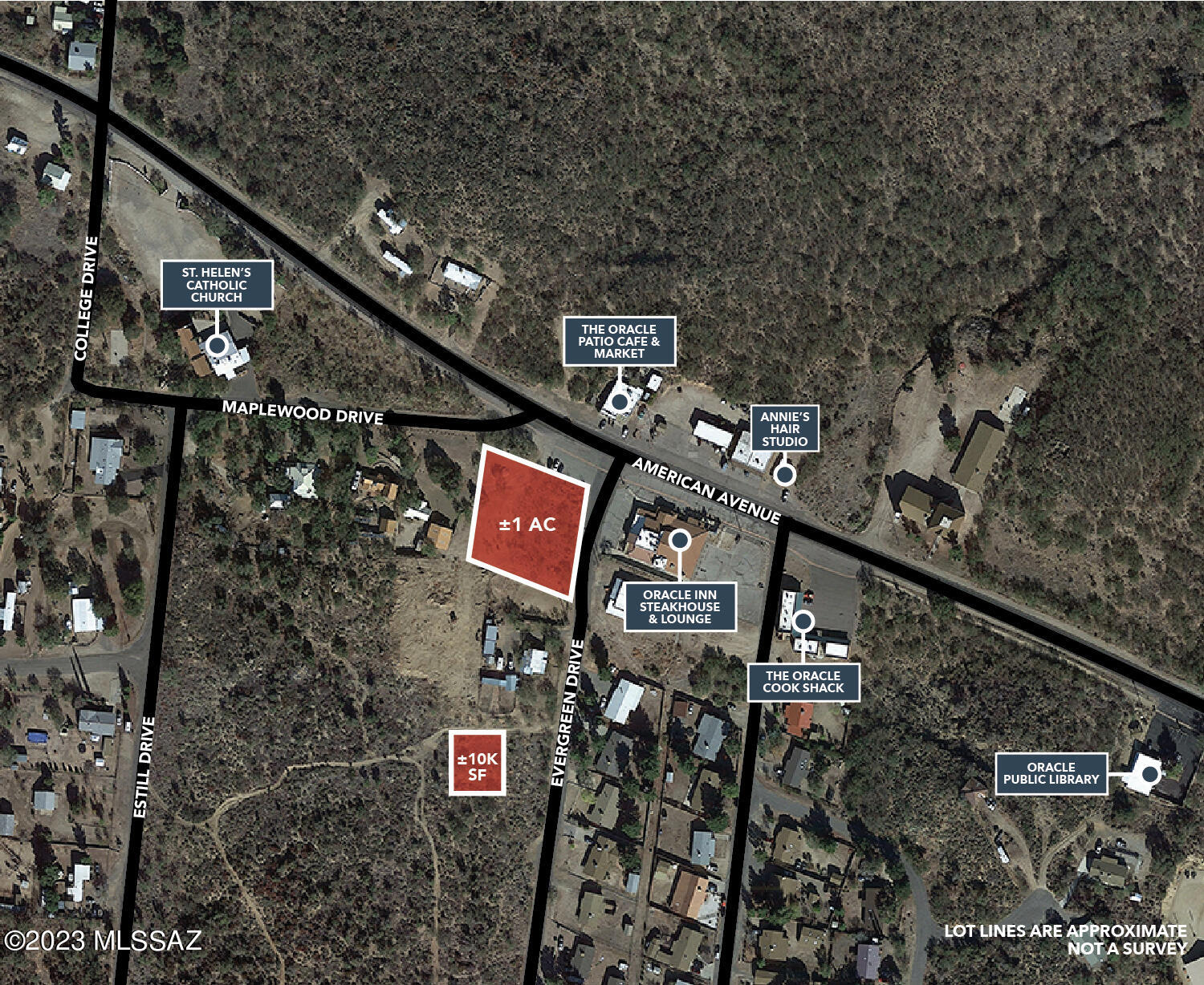 +/- 1 acre Unique Commercial land in beautiful Oracle AZ! Great marketing window with frontage along American Ave, Oracle's main drag. CB-2 commercial zoning in Pinal County. Build your business on this beautiful level lot and put your home on the 10,000 sq. ft lot behind it that is listed with it. Excellent location with good traffic for a business. All utilities are there. Paved access off of American Ave and Evergreen Dr. Great location for any business such as a restaurant or retail. Flat parcel for an easy build. The town of Oracle is at a 4500 ft. elevation and is 7 to 15 degrees cooler than Tucson and Phoenix. This is easily accessible from both cities. Only a quick 20 minutes drive to Oro Valley and Tucson. Take advantage of this unique opportunity.