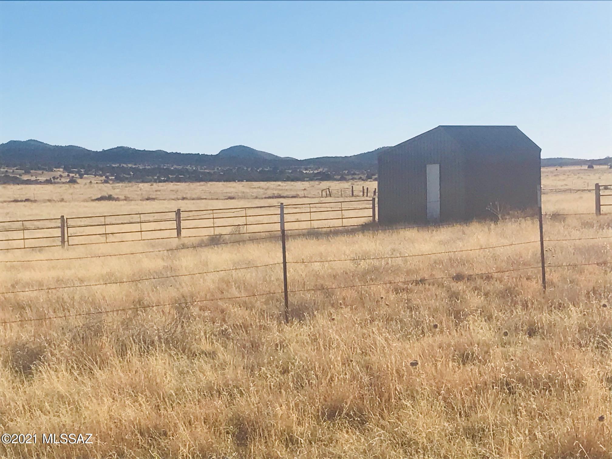 A terrific investment for this corner parcel of land in the Elgin grasslands at end of road, Offers flat usable land with far reaching views in all directions and complete with a private capped well, fenced corral, metal storage shed w/pet door and 220 amp box at shed. Concrete slab intended to use as a dog kennel foundation. Phone at corner of property and a potential home site staked out.  Adjoining ranch  is fenced on west & south sides.  Owner financing available. Don't miss this opportunity to own this lovely piece of ground in cool climate just minutes to Parker lake, nearby wineries and beautiful Canelo Hills.